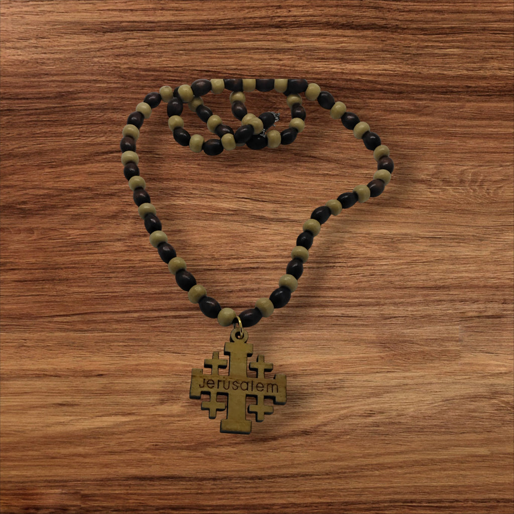 Jerusalem Cross necklace Handmade from olive wood pendant and wooden beads necklace gift boxed