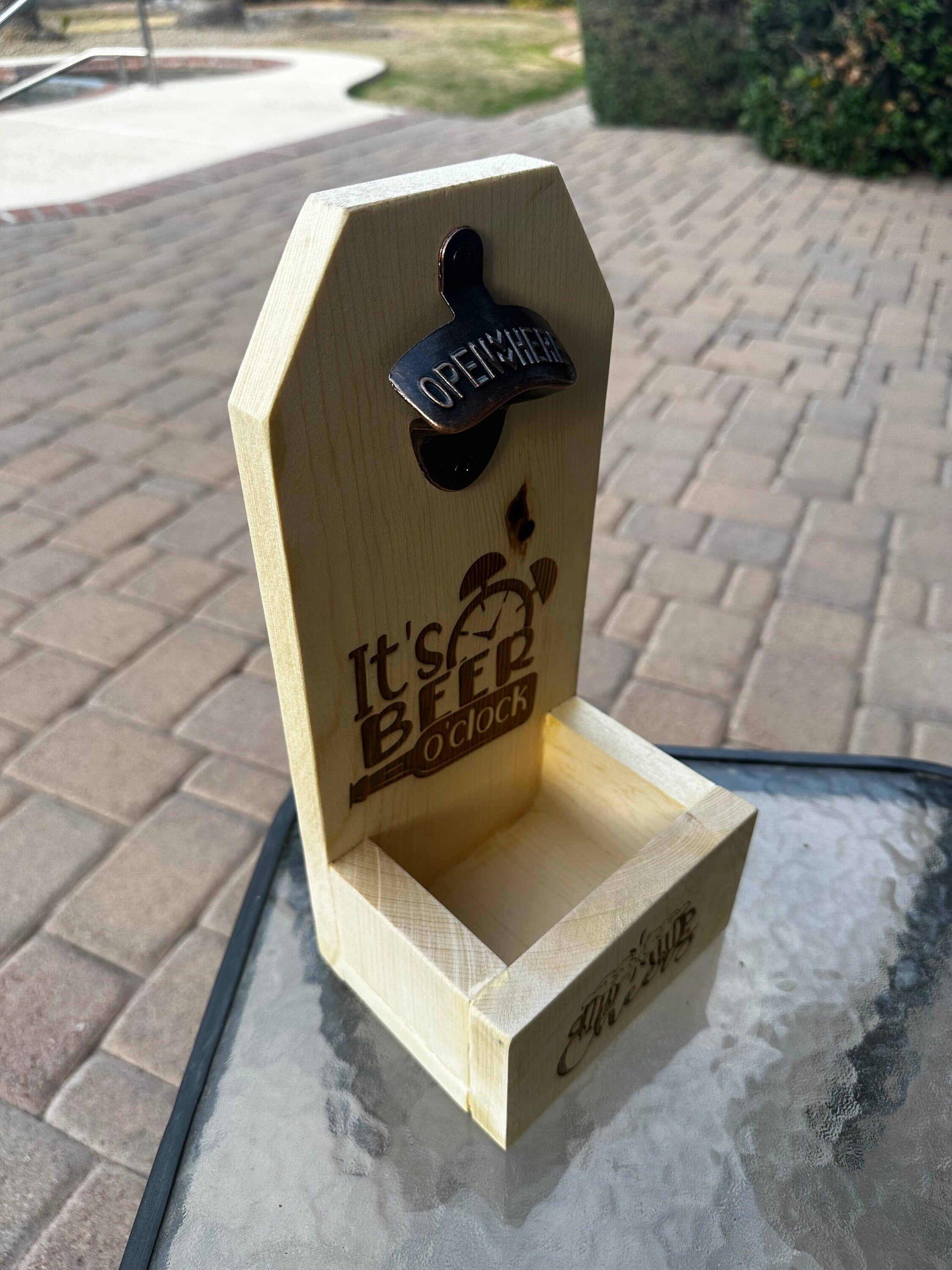Wooden beer bottle opener handmade with engraving it’s time for beer and cheers