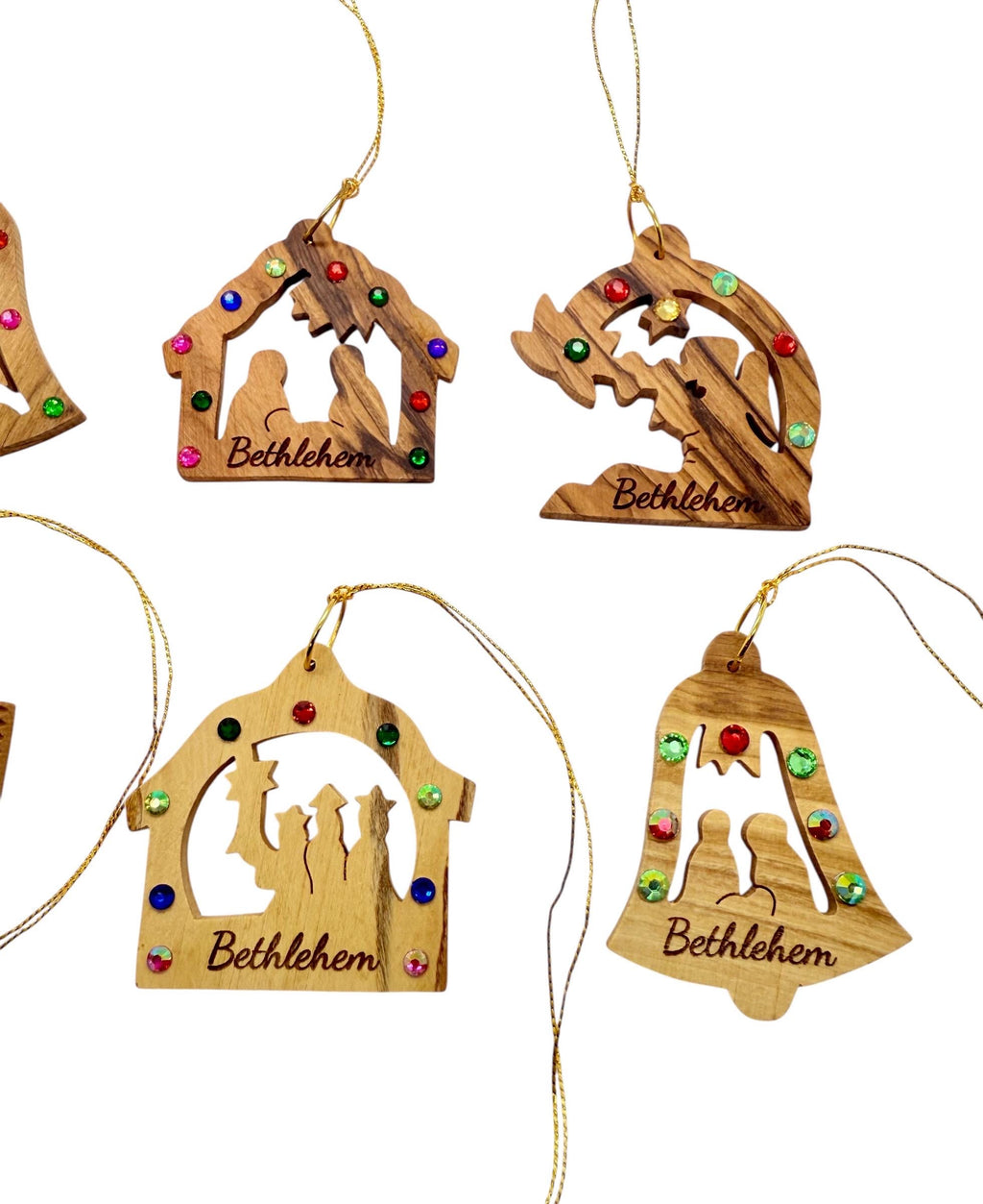Bethlehem olive wood Christmas ornaments hand crafted with rhinestones set of 6 ornaments