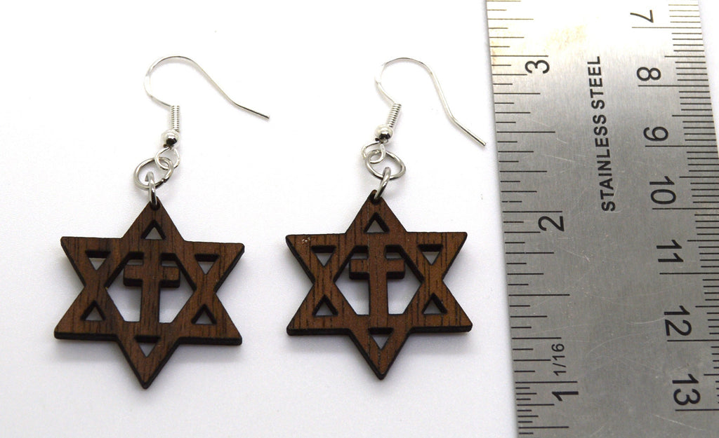 Star of David with the cross wooden walnut Messianic earrings set