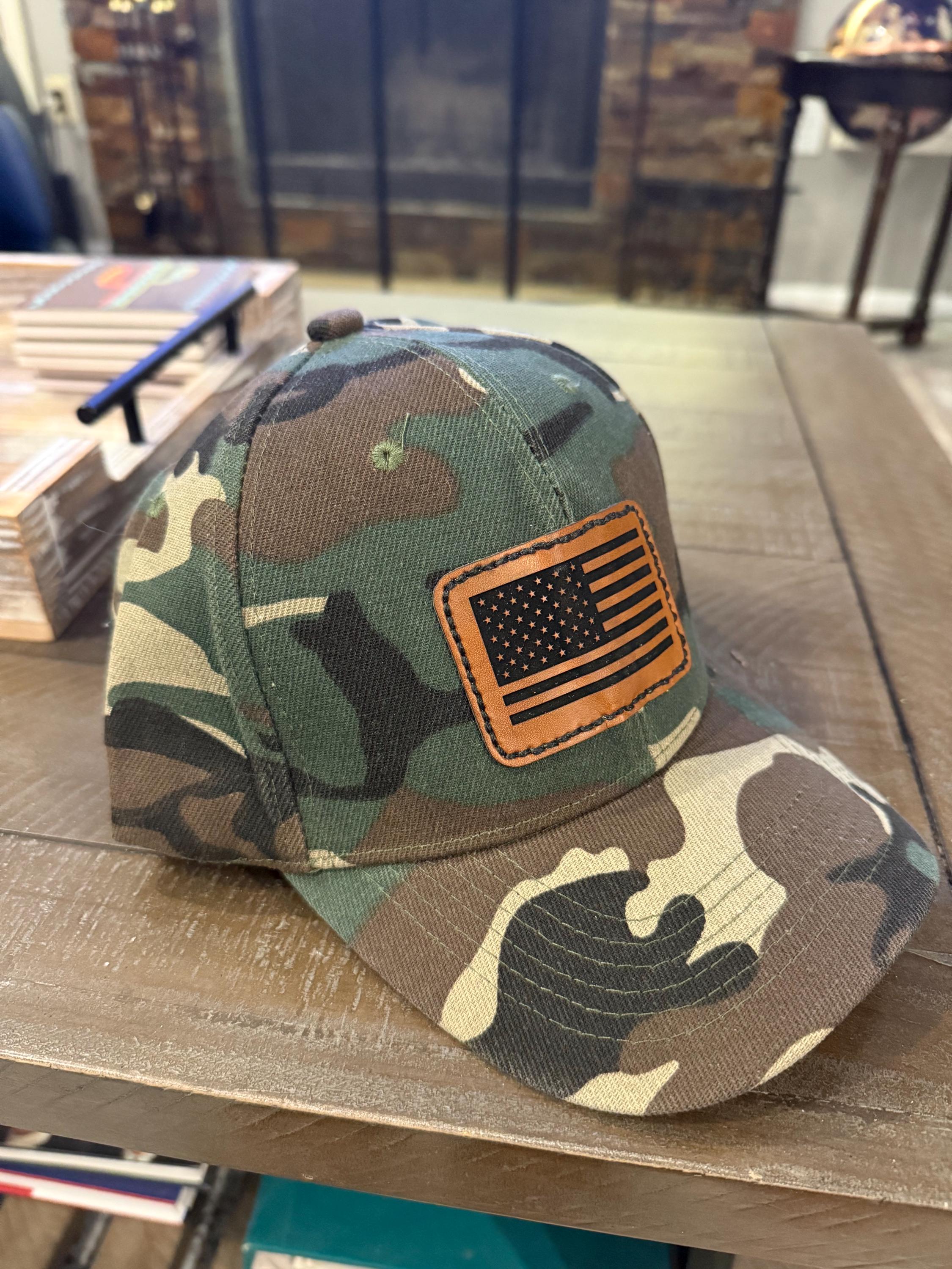 USA Flag Hat baseball cap American flag leatherette patch laser engraved and heat pressed applied on blue and white hand stitched  on Camo