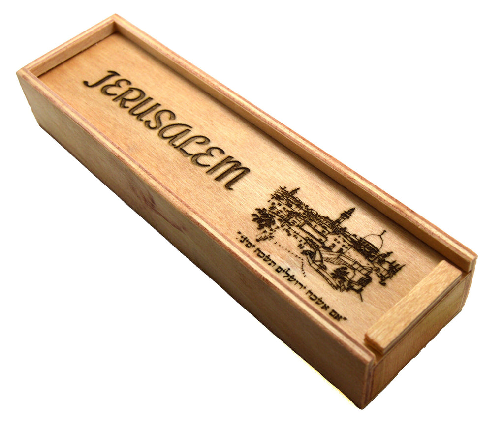 Olive wood from Israel hand turned pen with wooden gift box engraved with the city of Jerusalem verse If I forget you Jerusalem in Hebrew