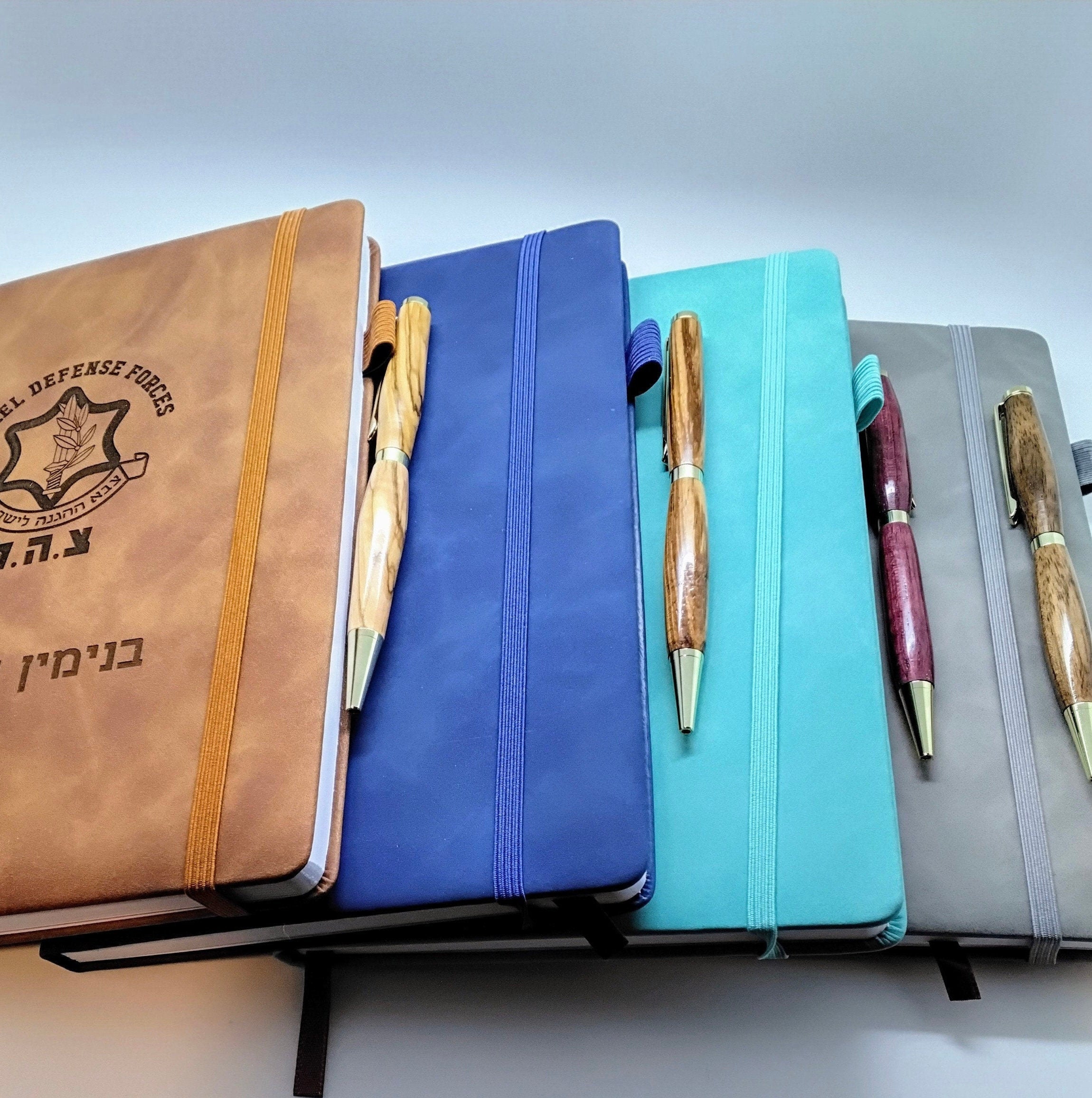 Notebook Journal engraved with Jerusalem or IDF logo in Hebrew and English with your name personalized in Hebrew and handmade wooden pen