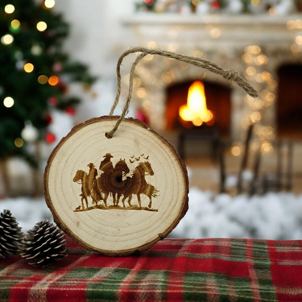 Cowboys on horses handmade engraved on natural pine wood slice with the bark great decoration for the Christmas tree comes gift boxed