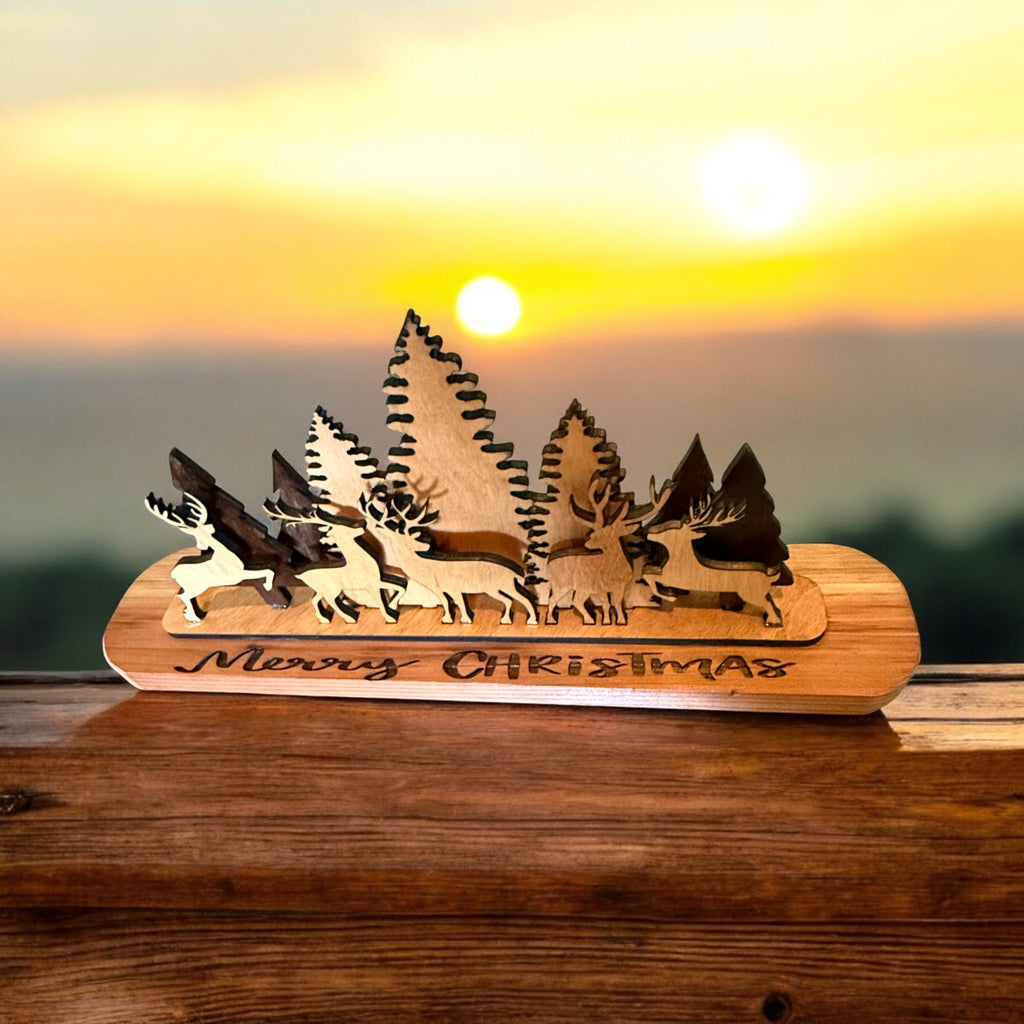Wooden Christmas tree with 4 standing Reindeers handmade from Cedar and basswood and engraved Merry Christmas