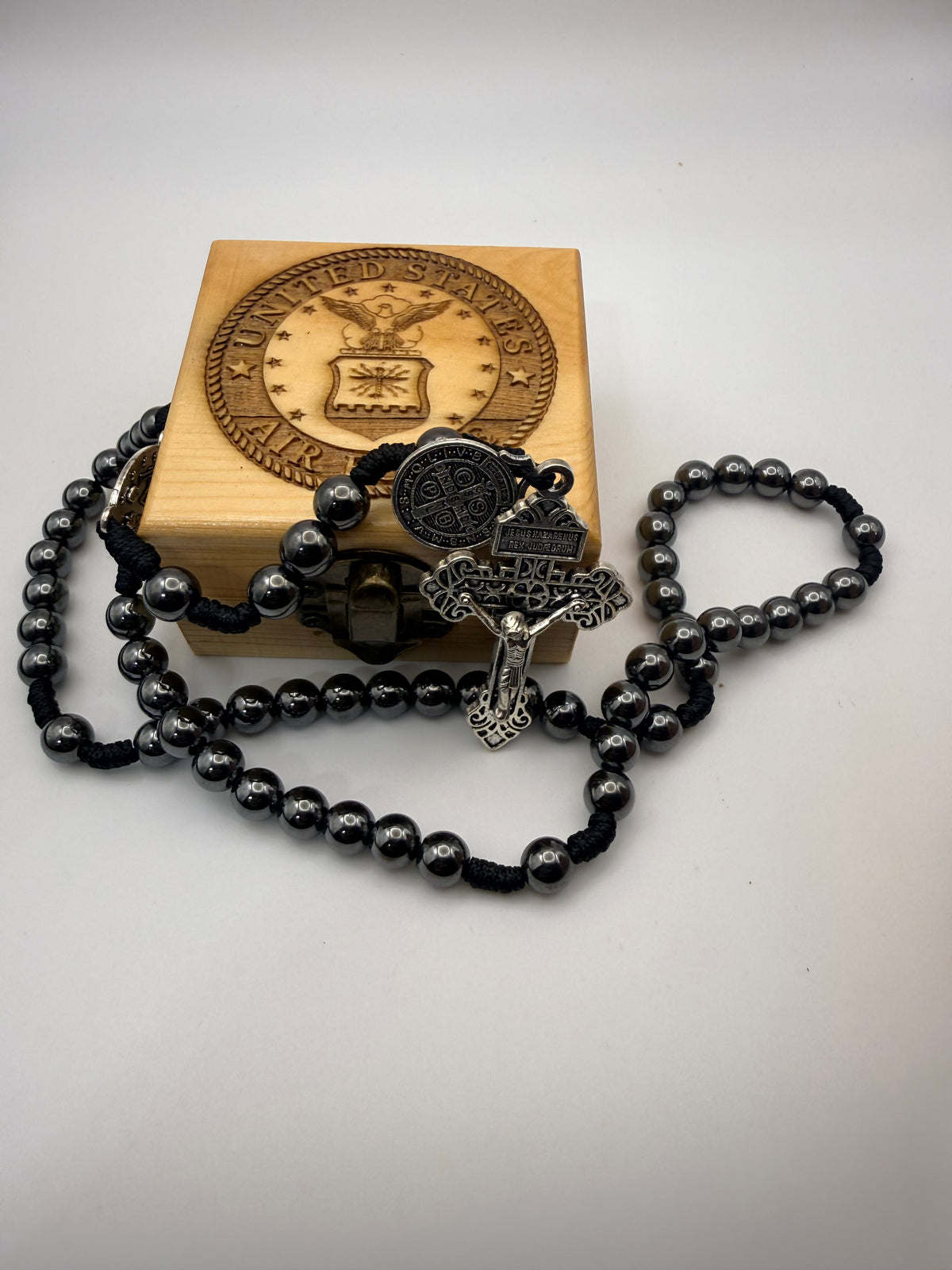 United States air force rosary beads with engraved wooden rosary box