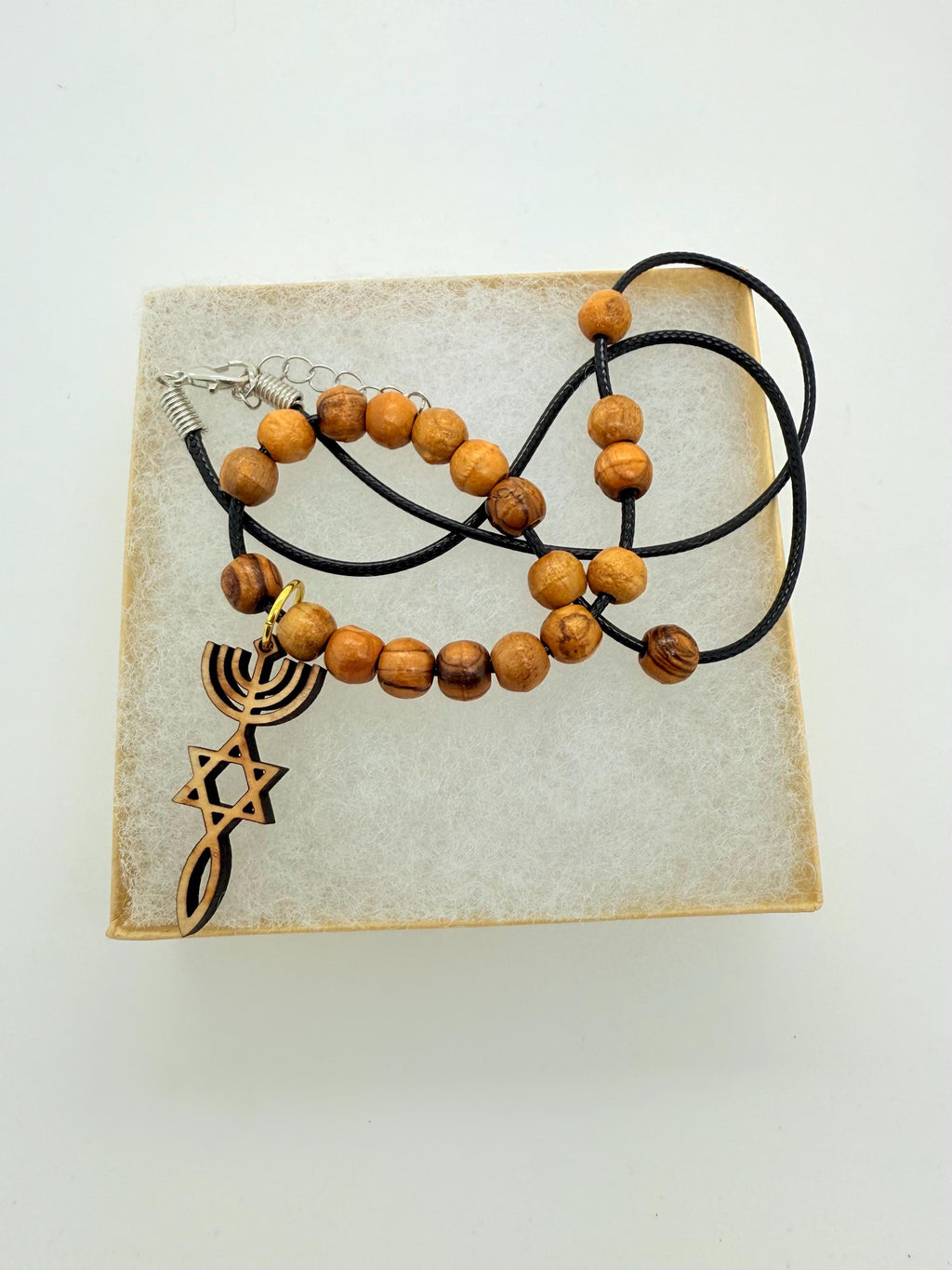 Star of David menorah and fish messianic grafted in Israel basswood pendant handmade necklace with olive wood beads 20" gift boxed