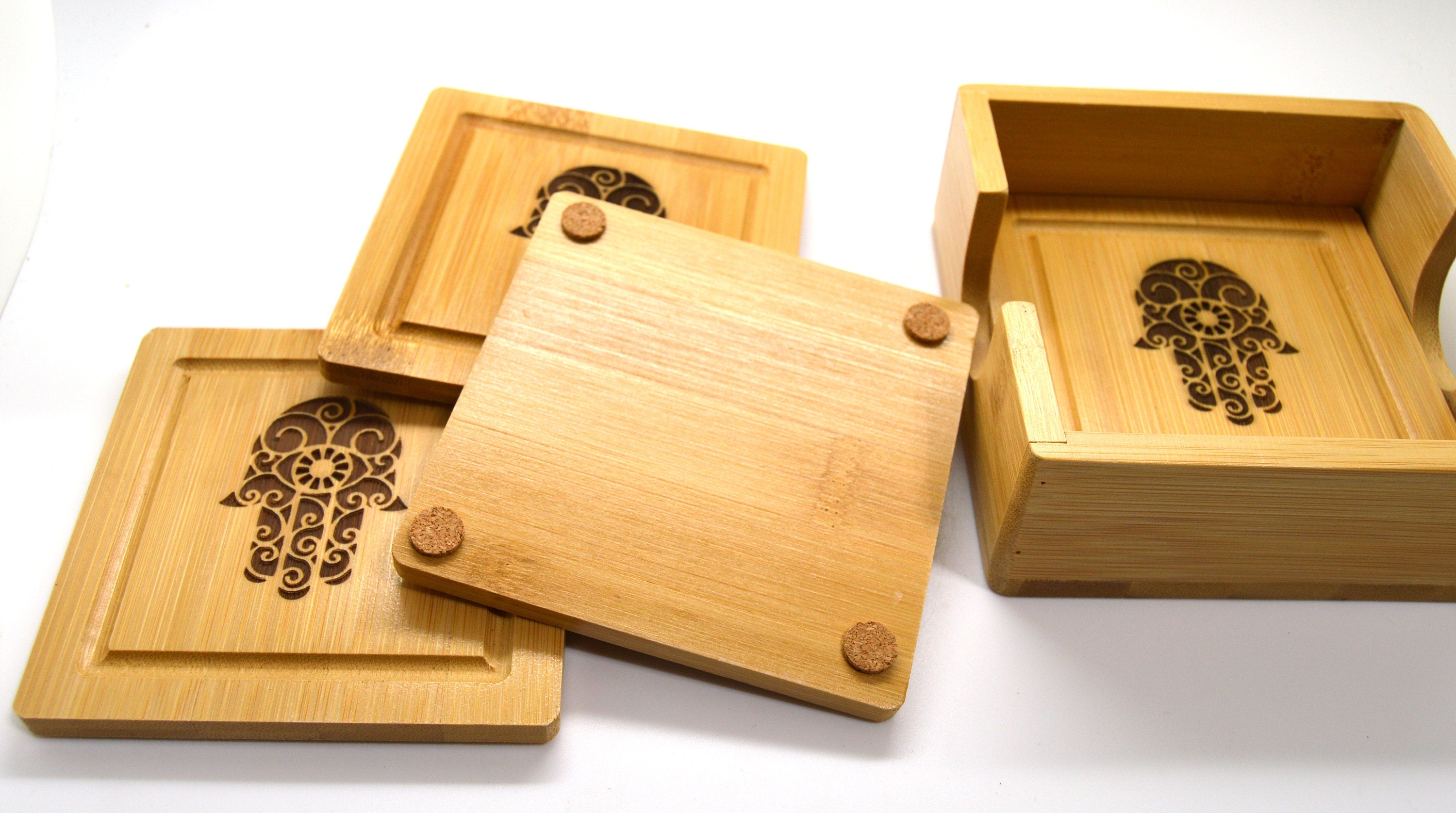 Hamsa Hand wooden engraved coasters bamboo set with holder for good luck and protection