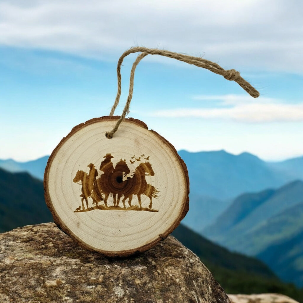 Cowboys on horses handmade engraved on natural pine wood slice with the bark great decoration for the Christmas tree comes gift boxed