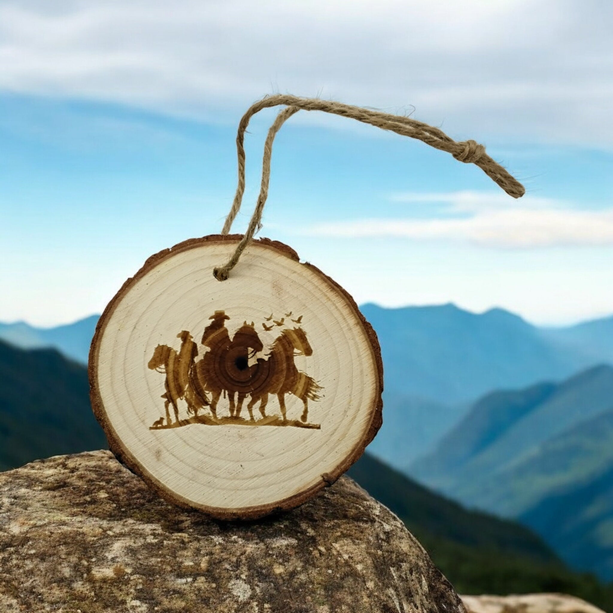 Cowboys on horses handmade engraved on natural pine wood slice with the bark great decoration for the Christmas tree comes gift boxed