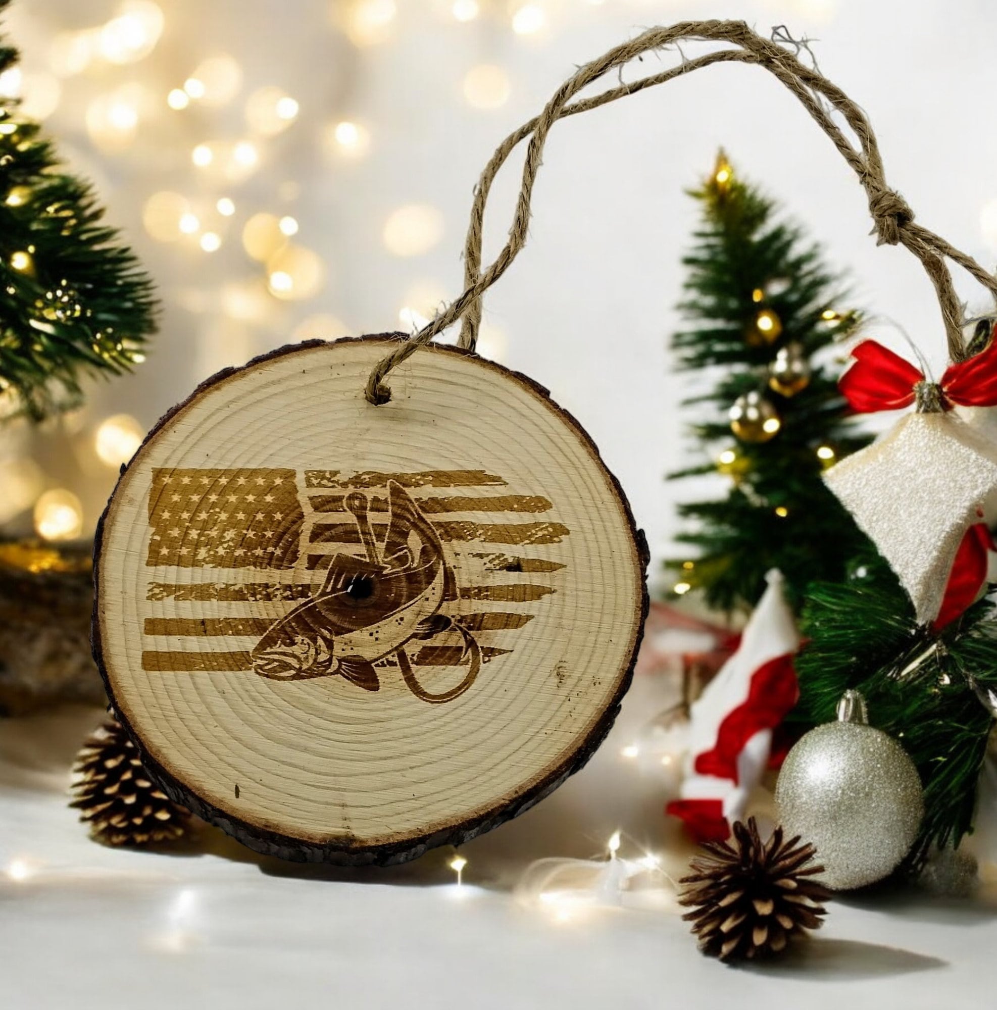 Rainbow trout fishing handmade engraved on natural pine wood slice with the bark great decoration for the Christmas tree comes gift boxed