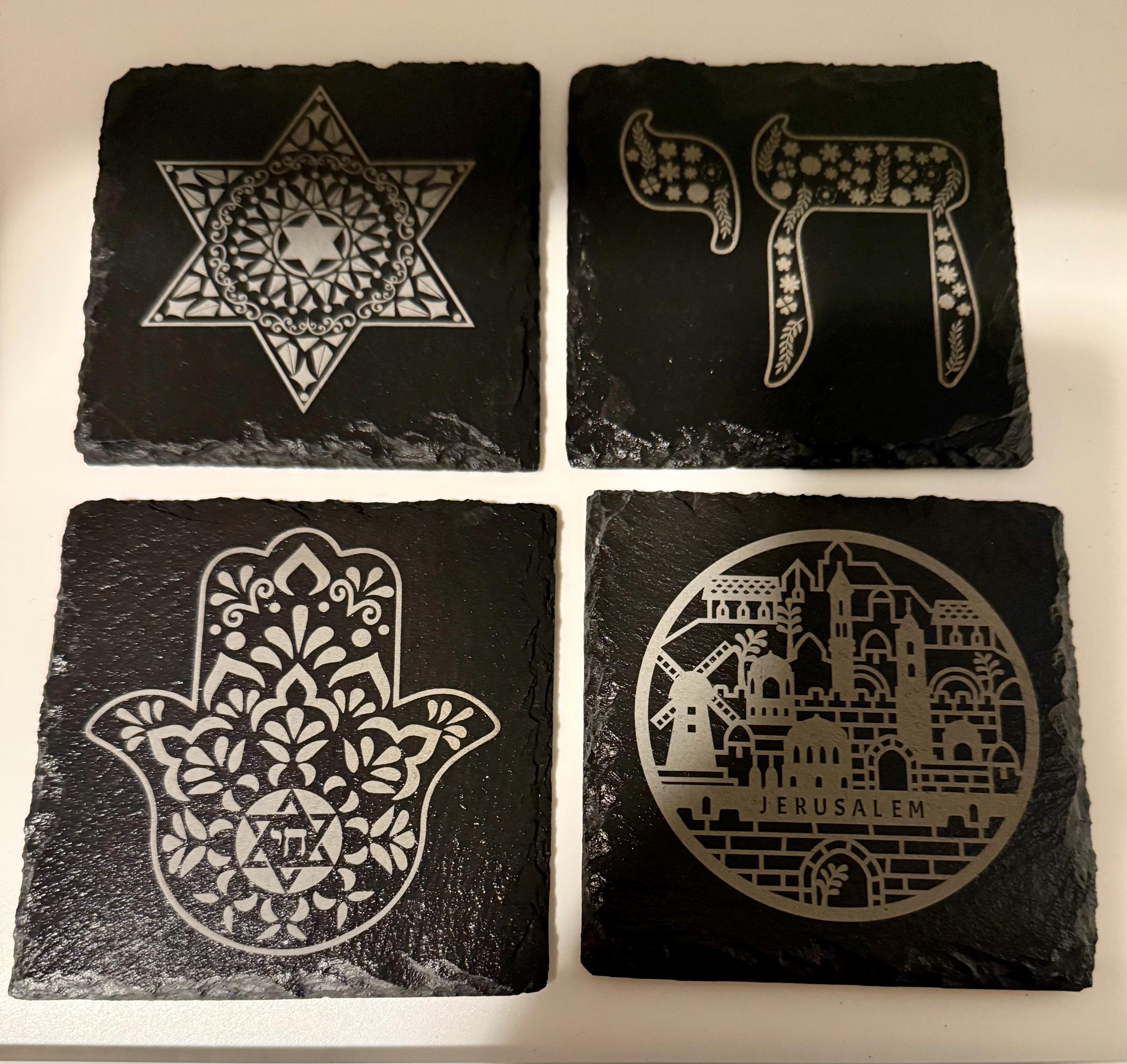 Natural Slate Stone Handmade Coaster Set with Star of David Chai Hamsa Hand and Jerusalem engraved