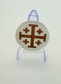 The Jerusalem cross engraved challenge coin made from brass or alloy comes with display stand
