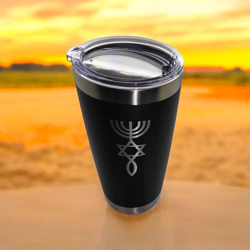 20oz Stainless Steel Tumbler w Lid engraved Messianic Seal grafted In Israel Star of David Menorah and fish travel mug
