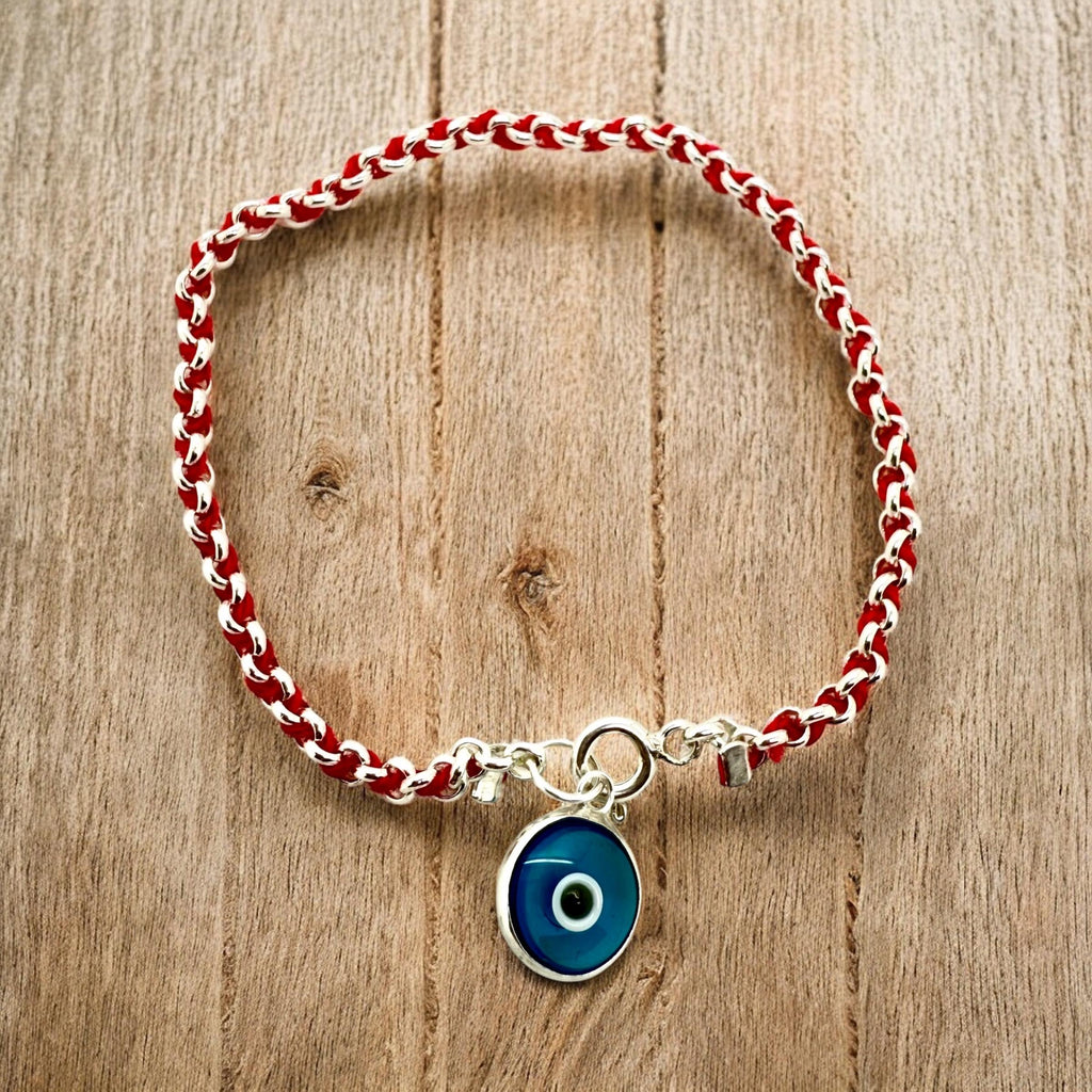 925 Sterling Silver red string bracelet with blue eye charm for good luck