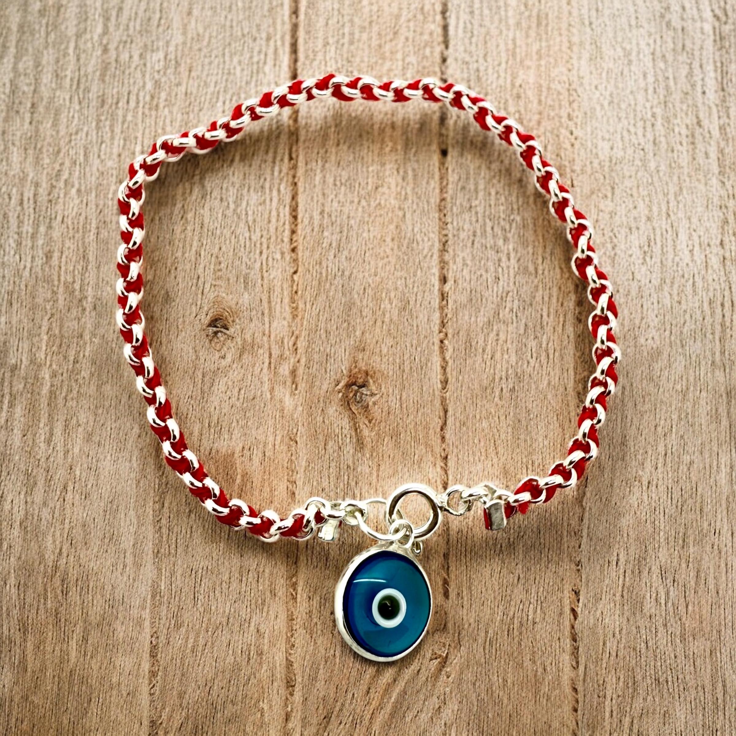 925 Sterling Silver red string bracelet with blue eye charm for good luck