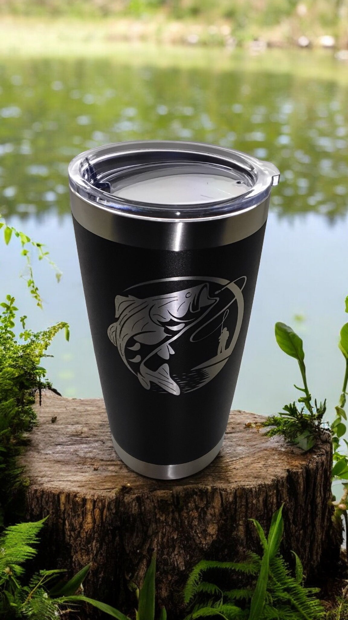 20oz Stainless Steel Tumbler with Lid engraved with Fishing travel mug gift
