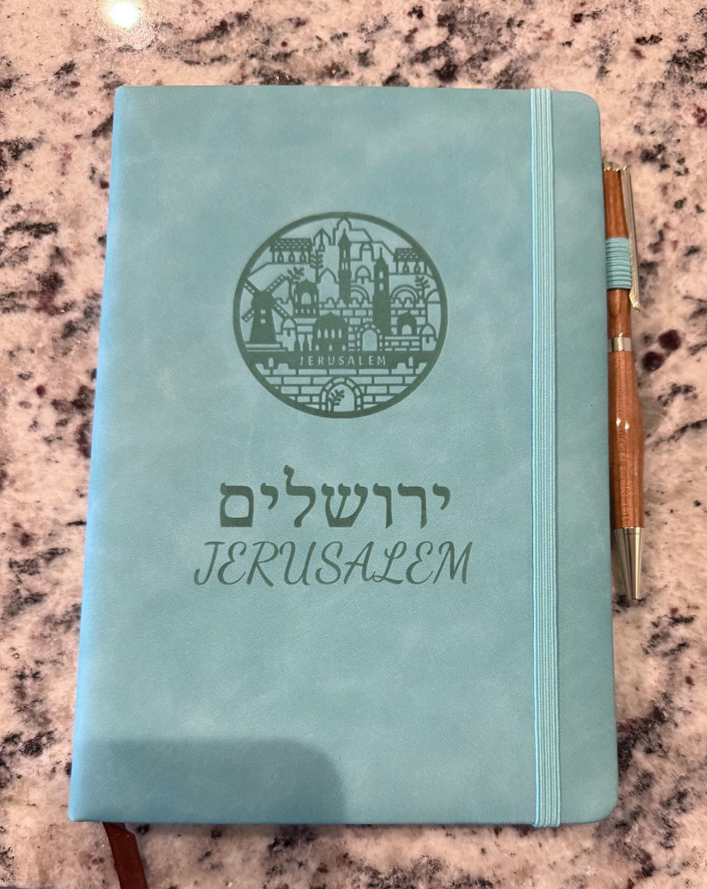 Notebook Journal engraved with Jerusalem or IDF logo in Hebrew and English with your name personalized in Hebrew and handmade wooden pen