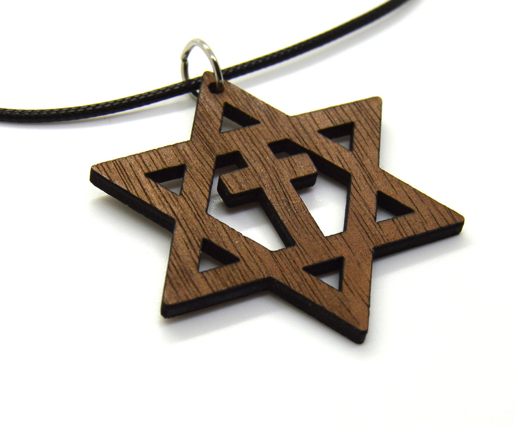 Star of David with the cross wooden Messianic Jewish pendant pendant Basswood or Walnut 18" necklace
