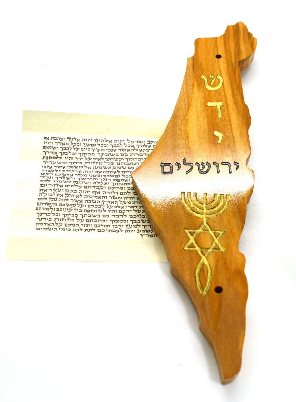 Olive wood Mezuzah Israel shape cutout with non Kosher scroll and engraved with the Shadi God Name Jerusalem and Star of David hand painted.