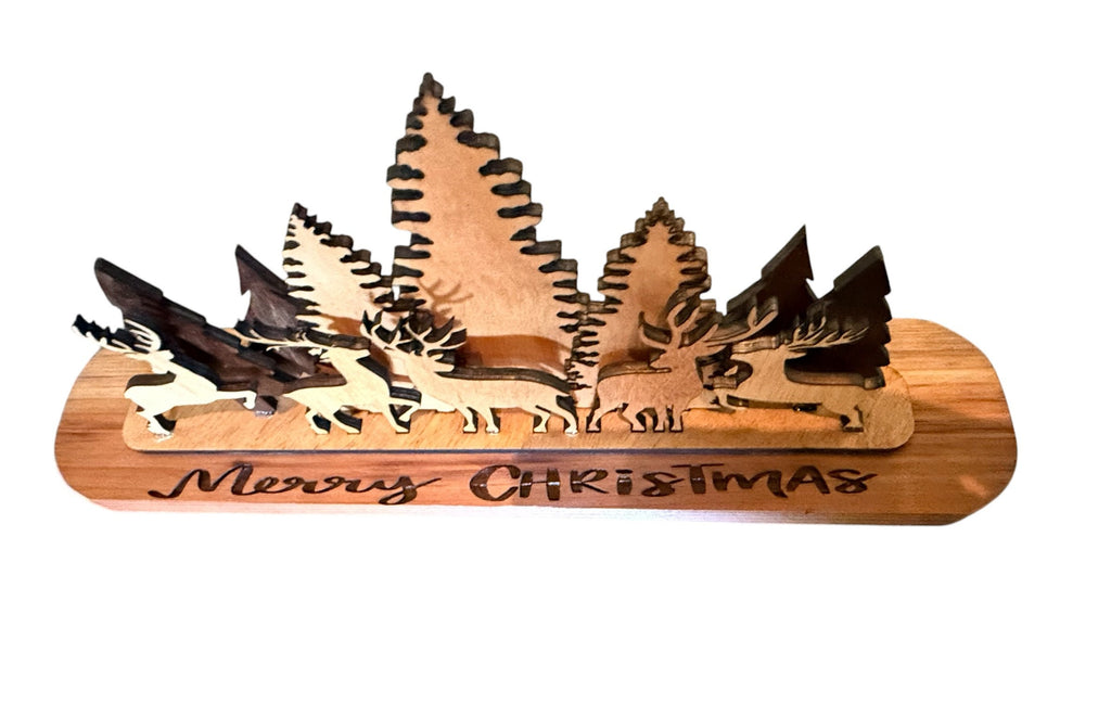 Wooden Christmas tree with 4 standing Reindeers handmade from Cedar and basswood and engraved Merry Christmas
