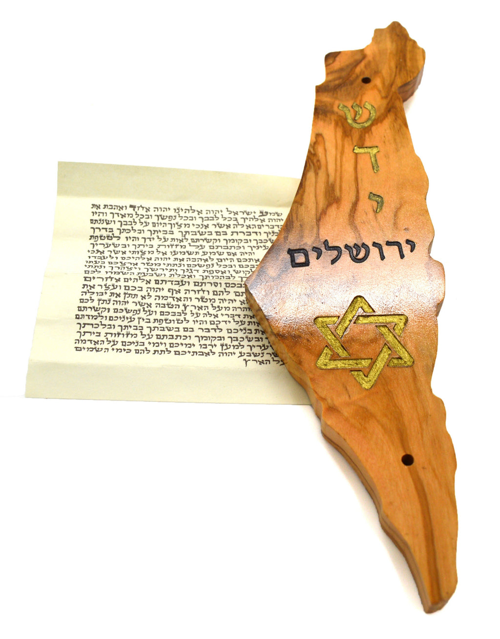 Olive wood Mezuzah Israel shape cutout with non Kosher scroll and engraved with the Shadi God Name Jerusalem and Star of David hand painted.