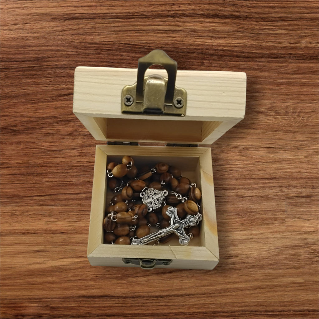 Bethlehem olive wood rosary beads necklace with the Jerusalem cross centrepiece and wooden pinewood handmade engraved