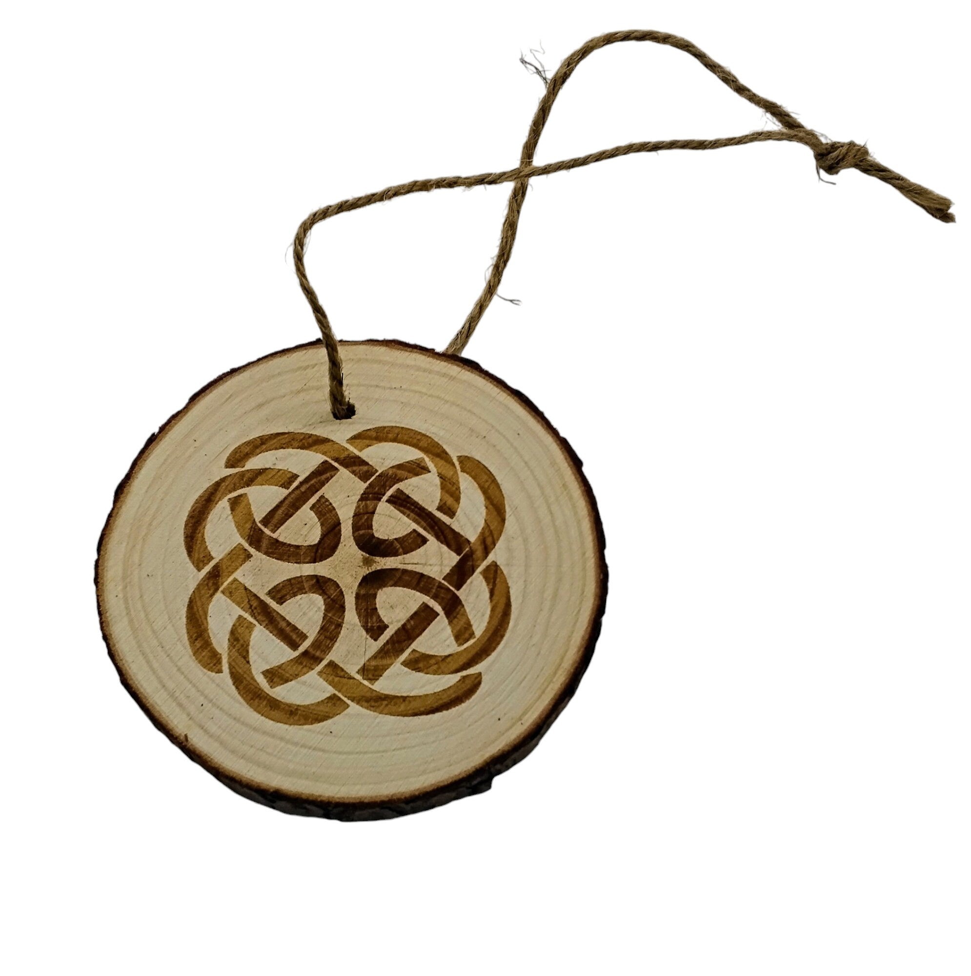Celtic knot  handmade engraved on natural pine wood slice with the bark great decoration for the Christmas tree comes ready to hung gift box