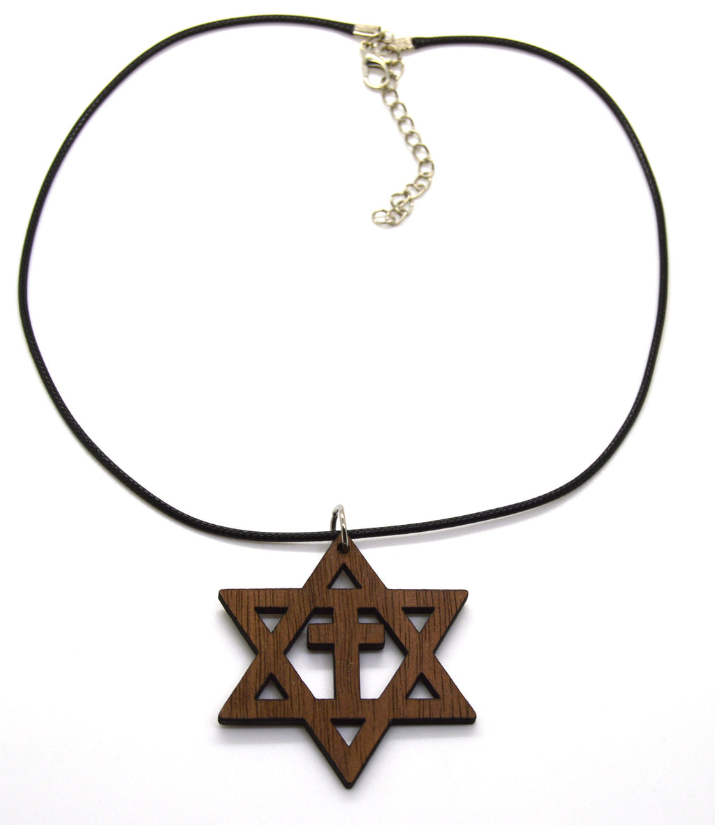 Star of David with the cross wooden Messianic Jewish pendant pendant Basswood or Walnut 18" necklace