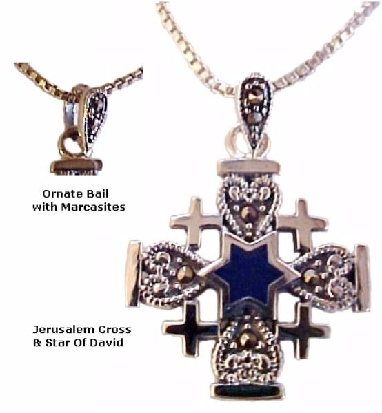 Jerusalem Cross 925 Sterling Silver Star of David Messianic Blue Lapis Marcasite