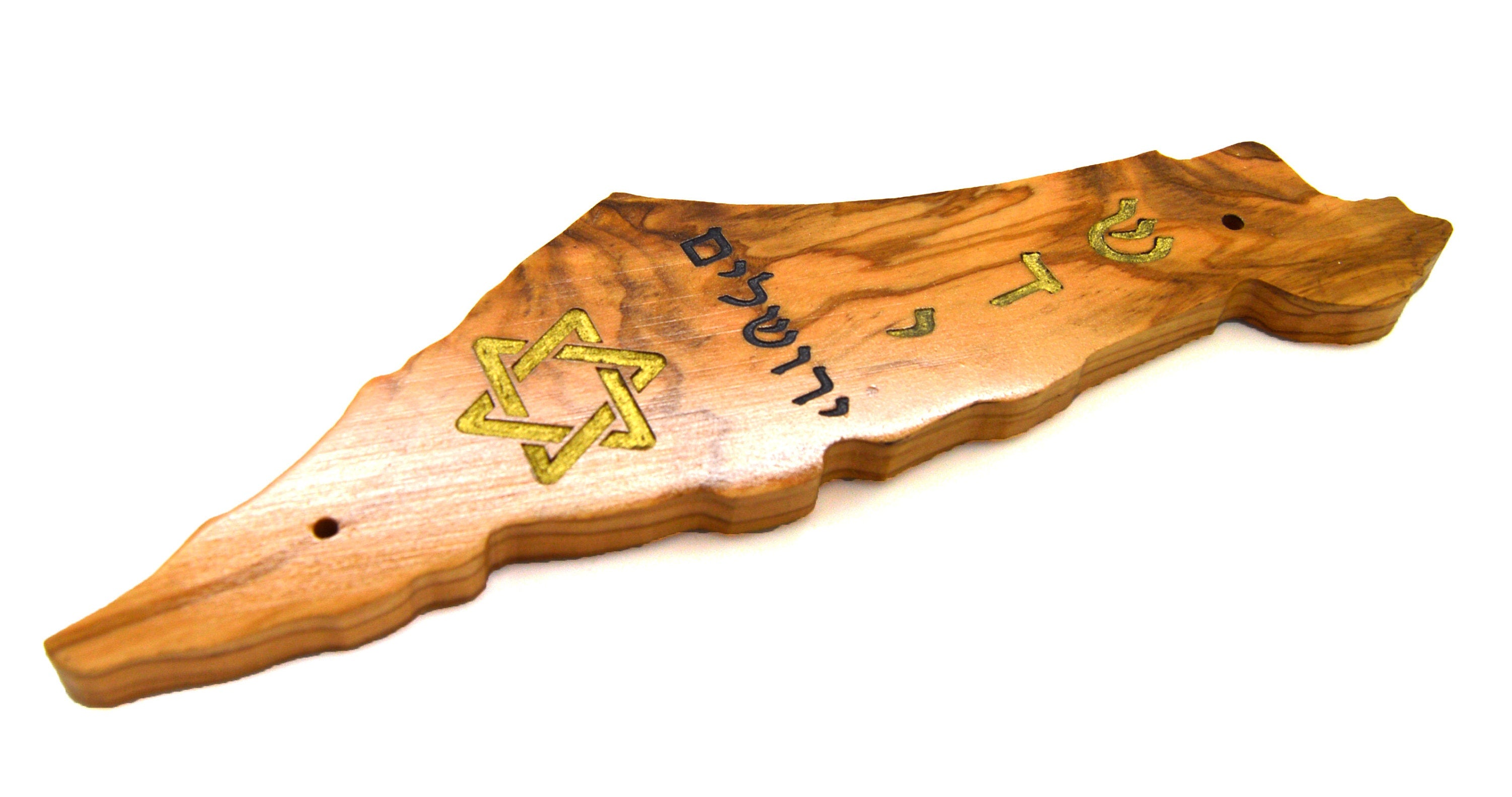 Olive wood Mezuzah Israel shape cutout with non Kosher scroll and engraved with the Shadi God Name Jerusalem and Star of David hand painted.