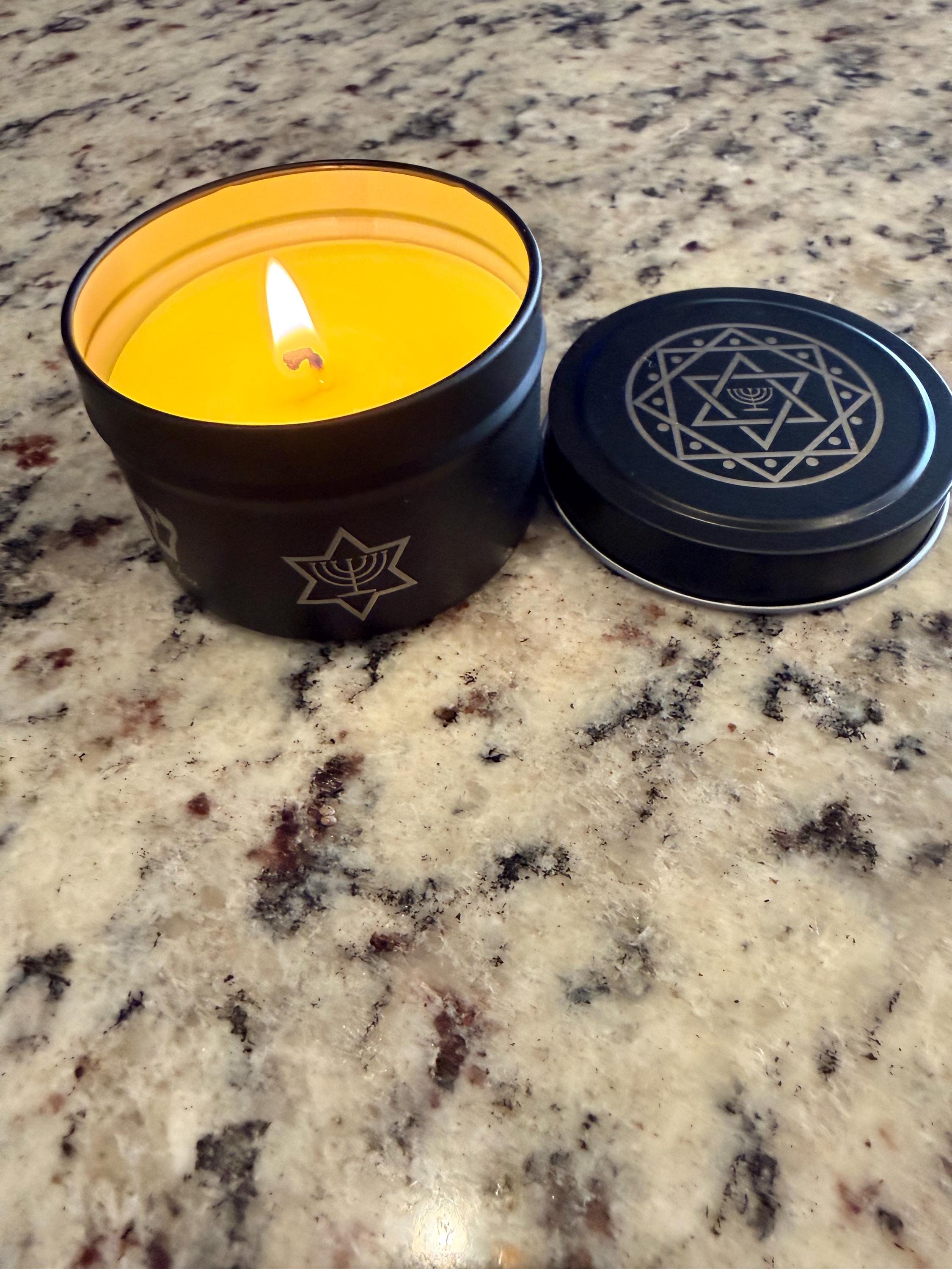 Handmade soy wax candle 3.5 oz Star of David menorah Jewish design engraved tin metal tin jar Shalom in Hebrew. Personalization available.