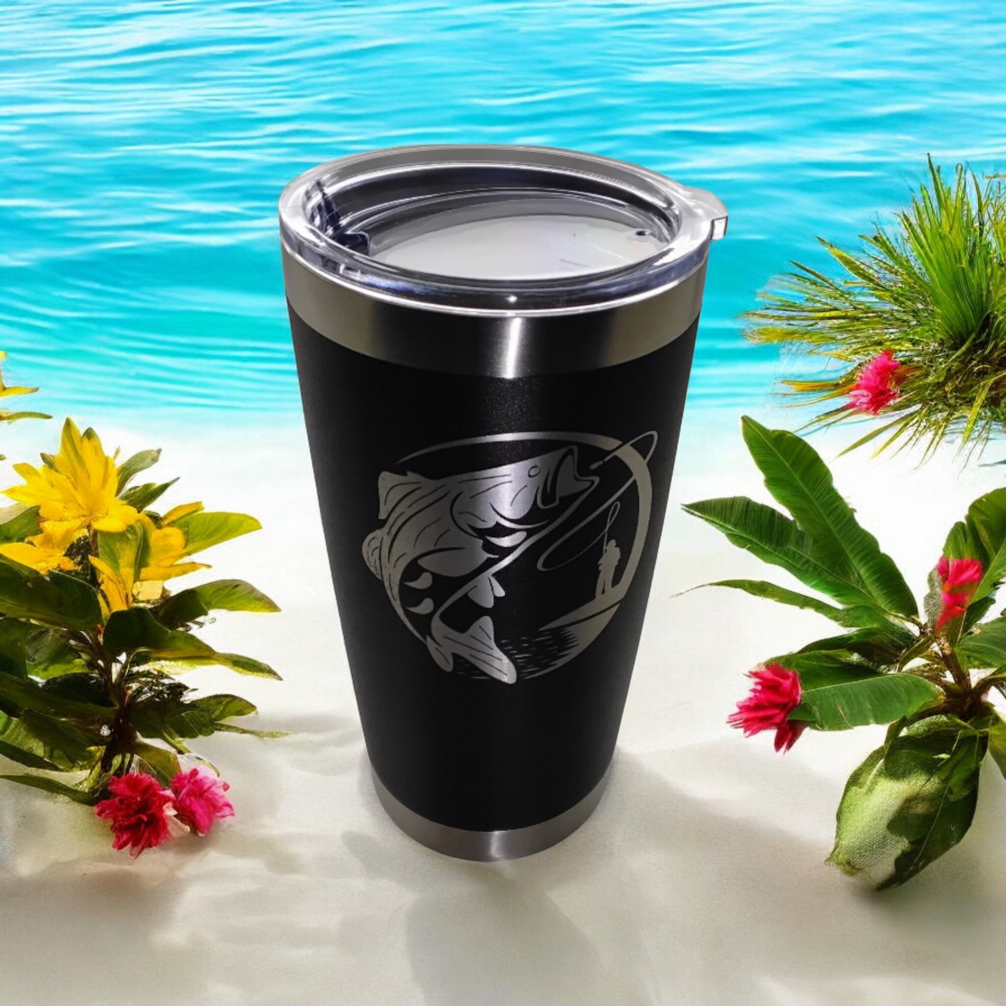 20oz Stainless Steel Tumbler with Lid engraved with Fishing travel mug gift