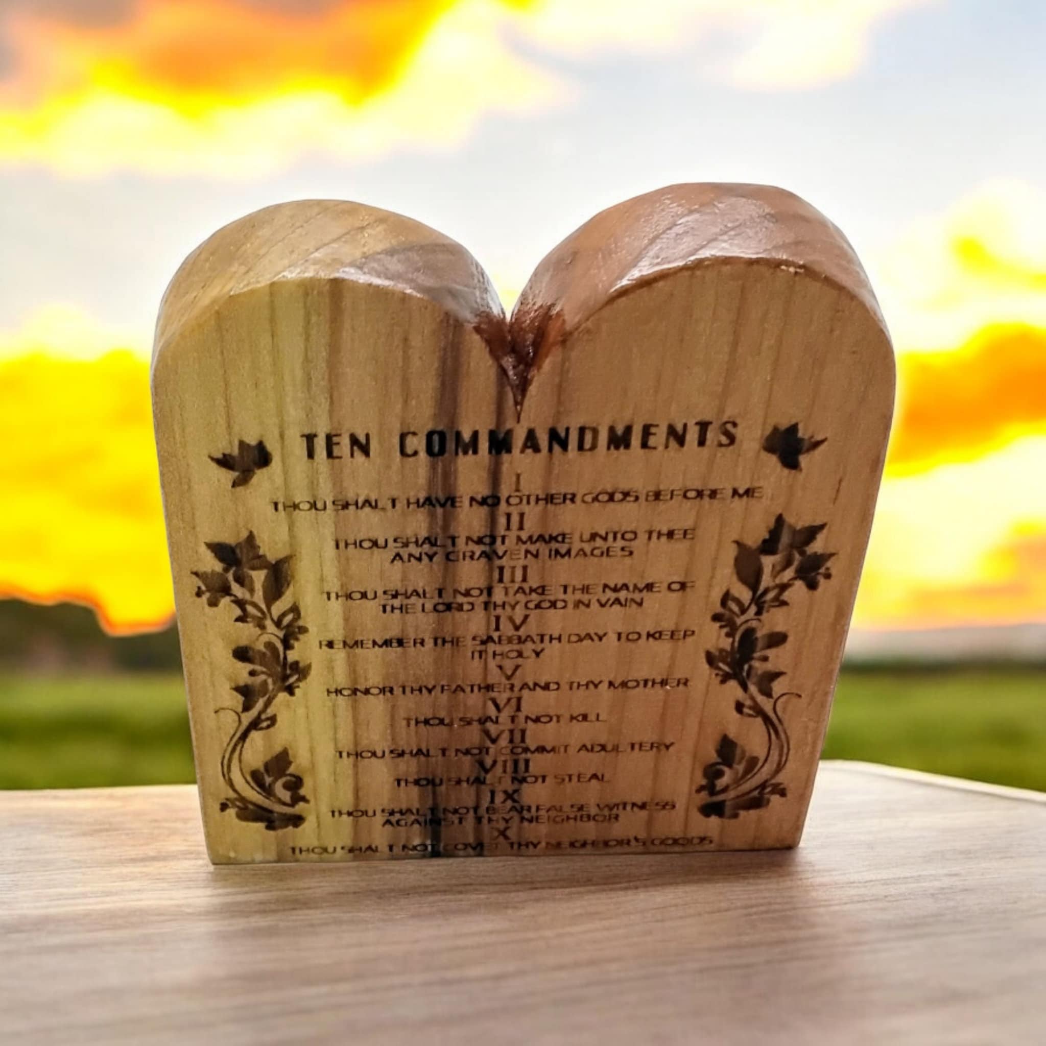 The Ten Commandments handmade engraved in English or Hebrew with the menorah on cedar wood table top desk or bookcase display.