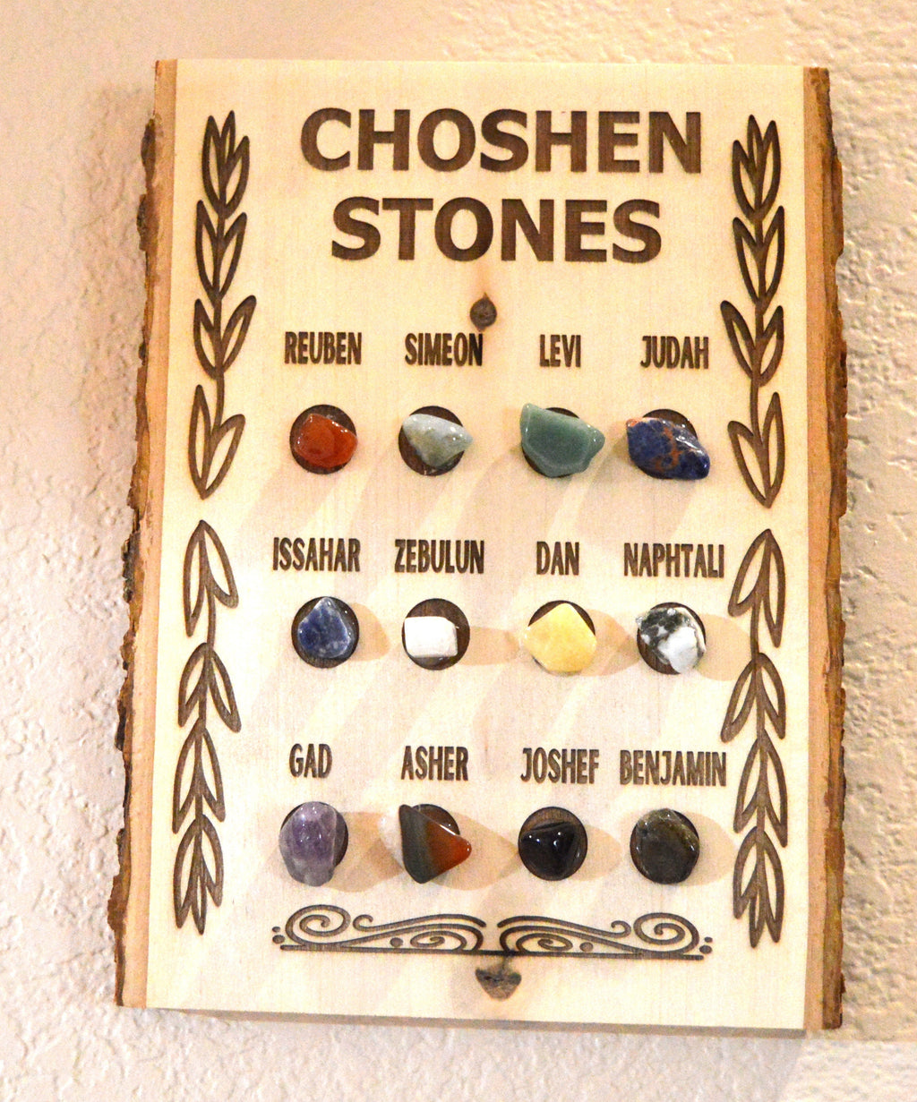 CHOSEN Stones 12 tribes of Israel Hoshen High Priest Ephod with the Genuine Gemstones of the twelve tribes names Engraved on live edge wood.