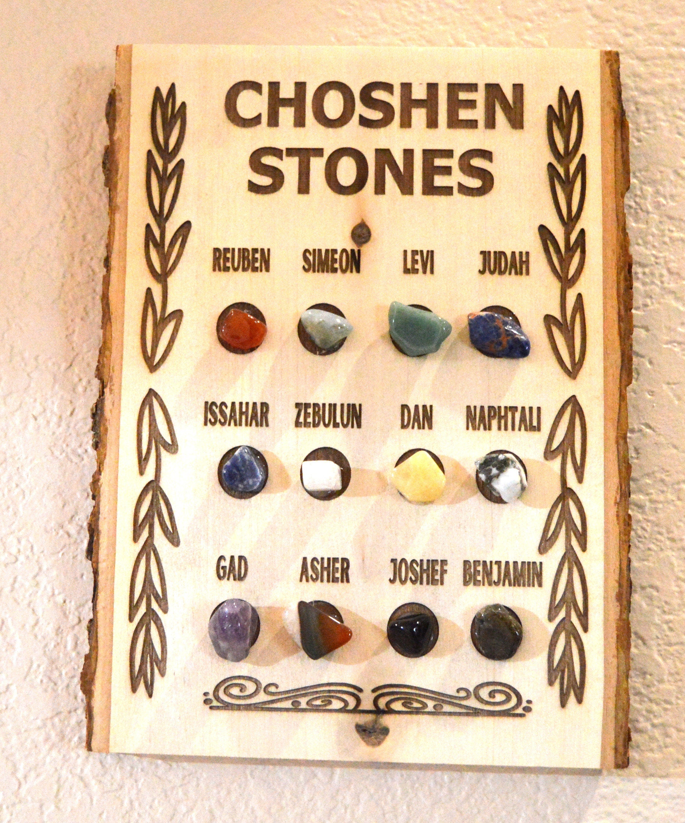 CHOSEN Stones 12 tribes of Israel Hoshen High Priest Ephod with the Genuine Gemstones of the twelve tribes names Engraved on live edge wood.