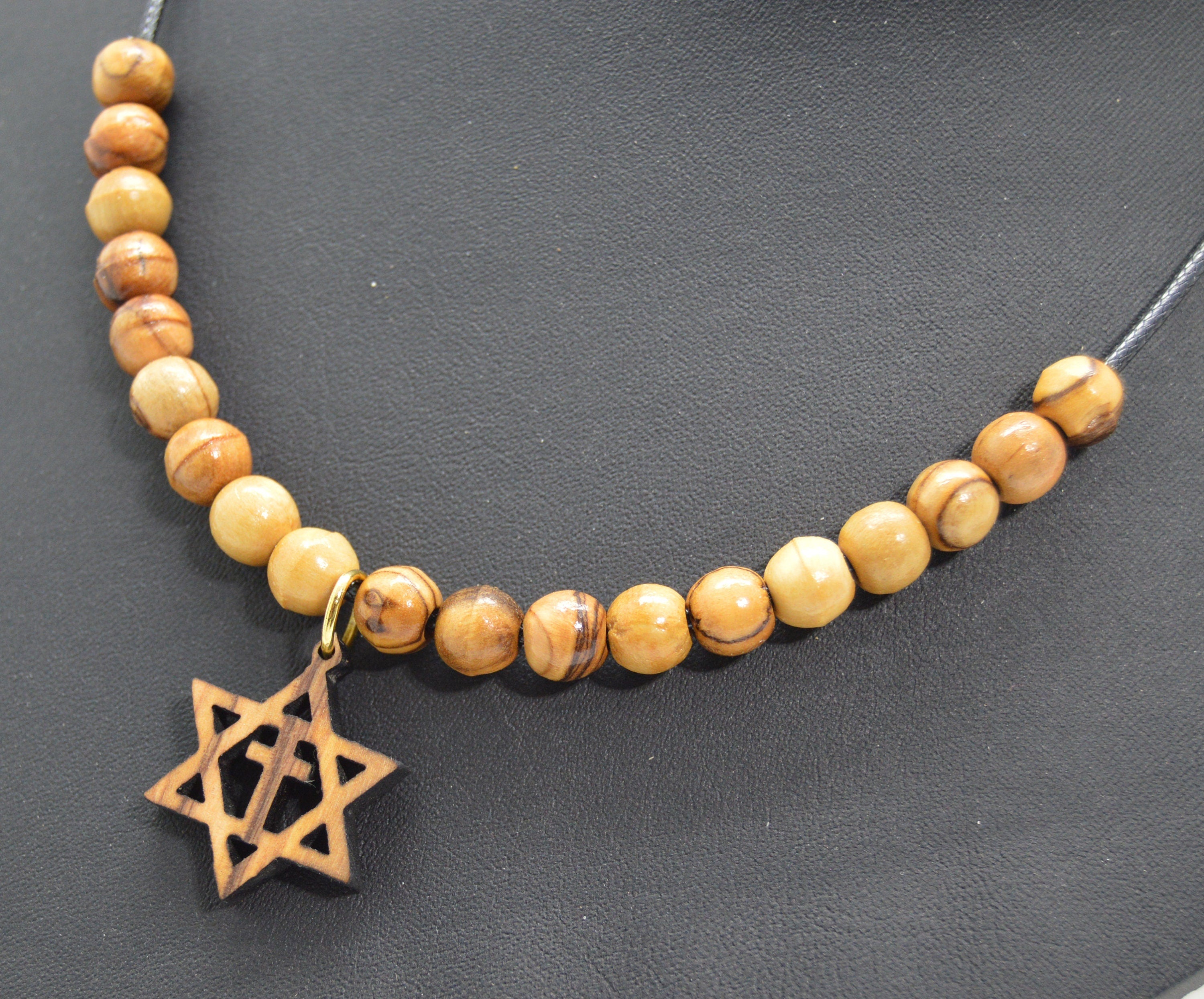 Star of David with the cross olive wood pendant handmade necklace with olive wood beads 18" gift boxed