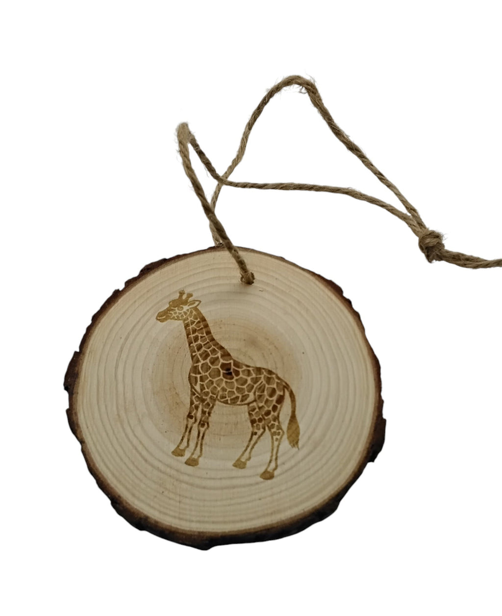Giraffe handmade engraved on natural pine wood slice with the bark great decoration for the Christmas tree comes ready to hung gift box