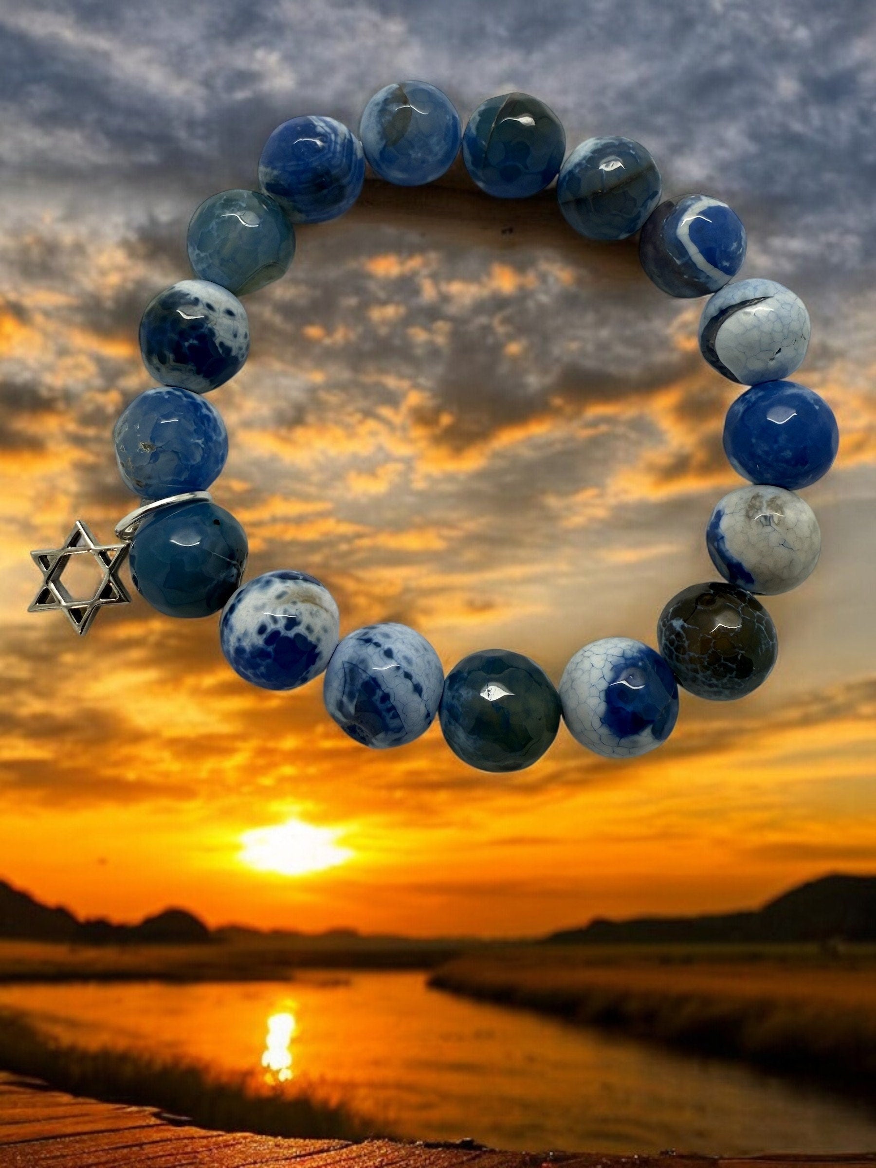 Blue and White natural Agate stones beads with the Sterling silver Jewish Star of David, Chai and Hamsa Hand charm