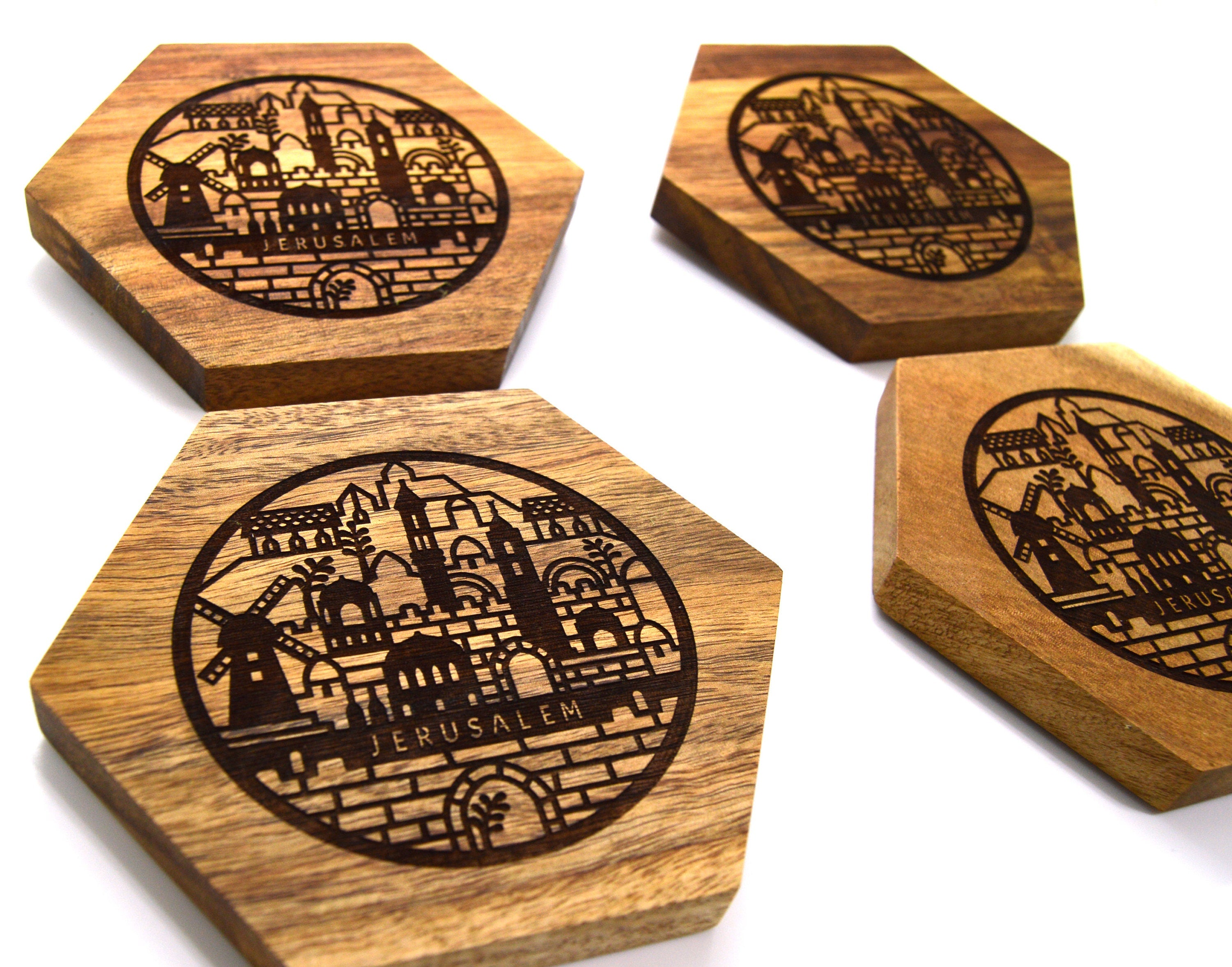 JERUSALEM Coasters Acacia wood engraved with the city of Jerusalem Israel set of 4