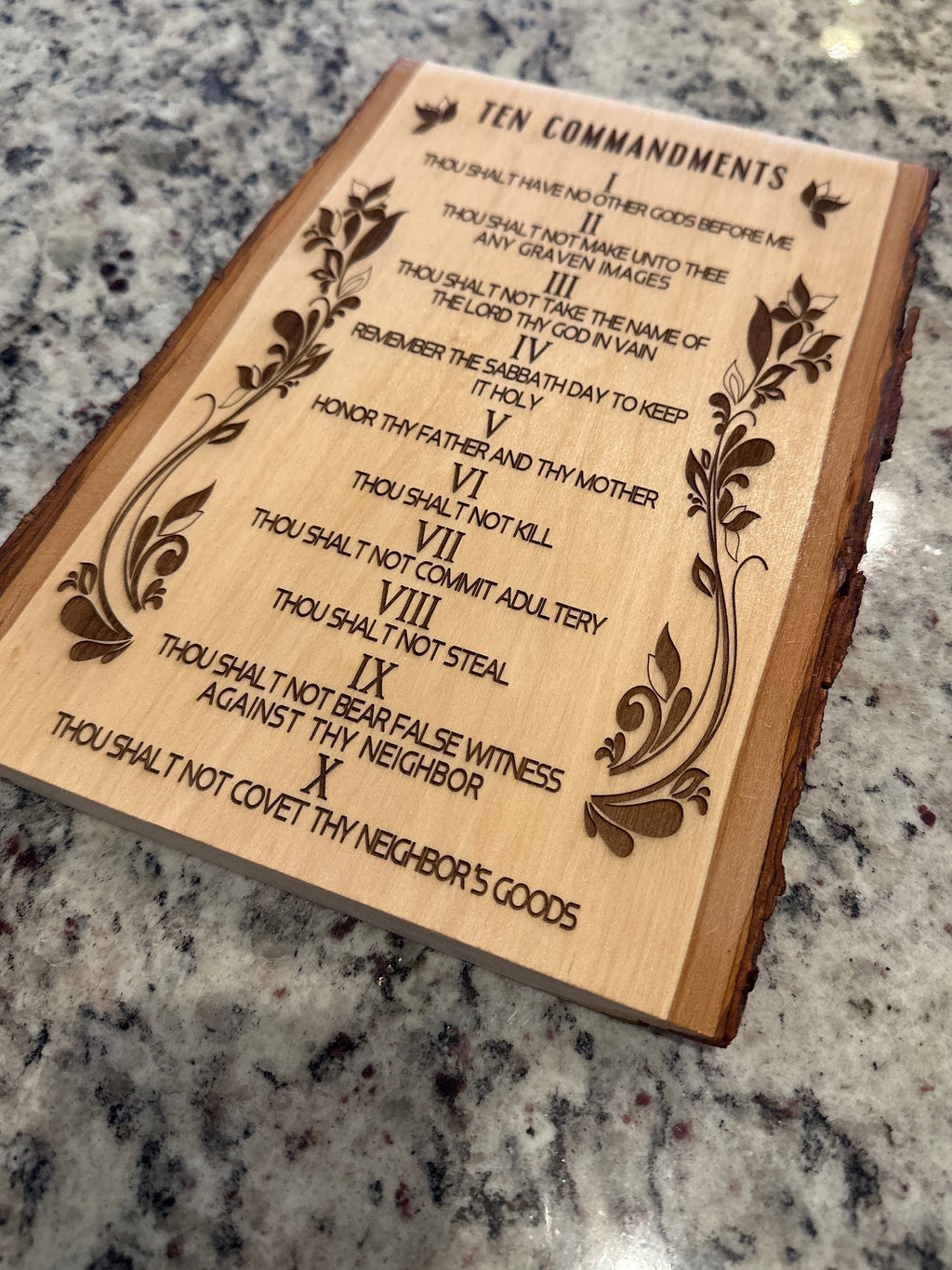 Ten Commandments Basswood live edge wall art hanging handmade wood engraved in English available in size 13” x 9” and 11” x 8”.
