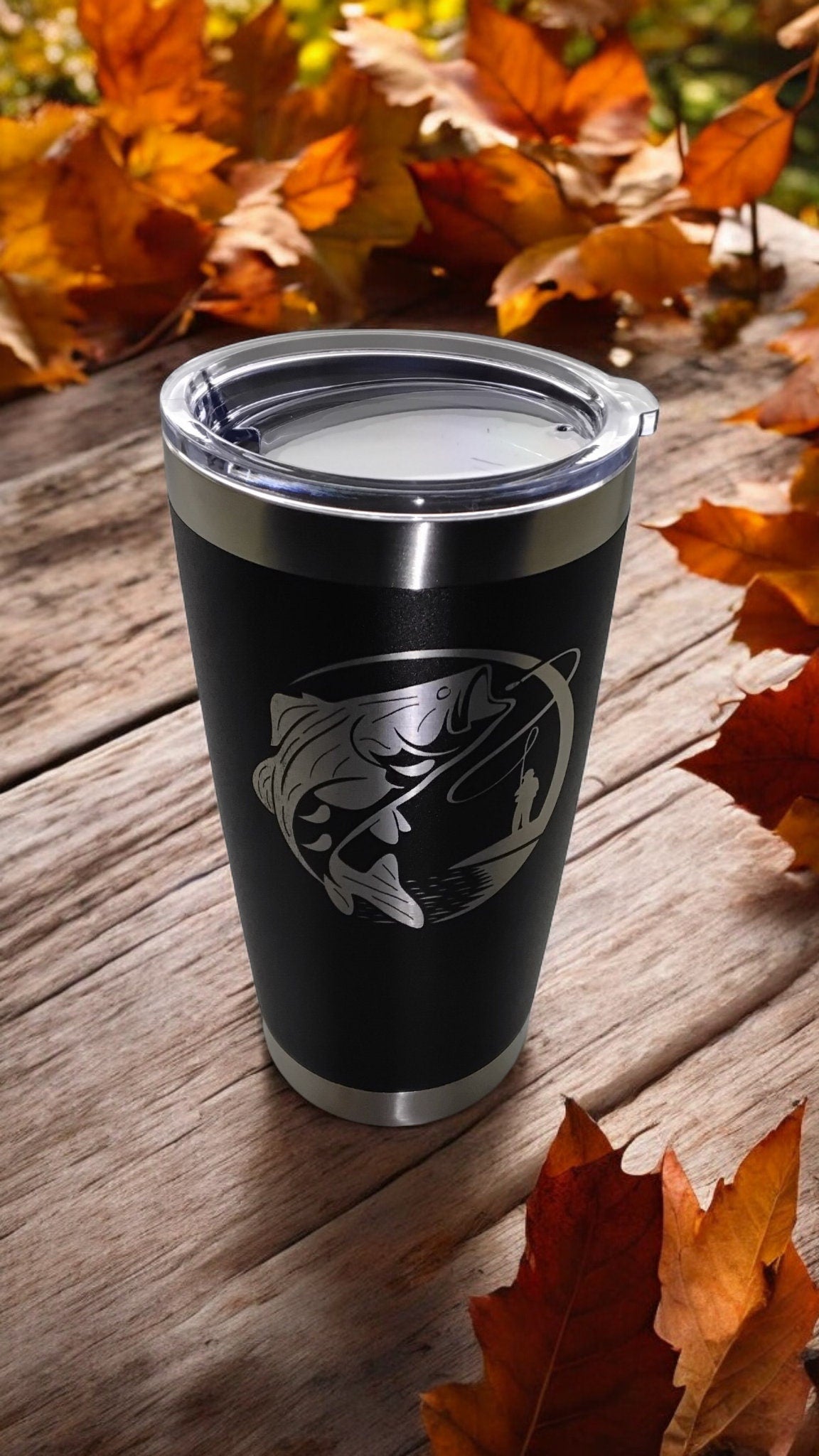 20oz Stainless Steel Tumbler with Lid engraved with Fishing travel mug gift