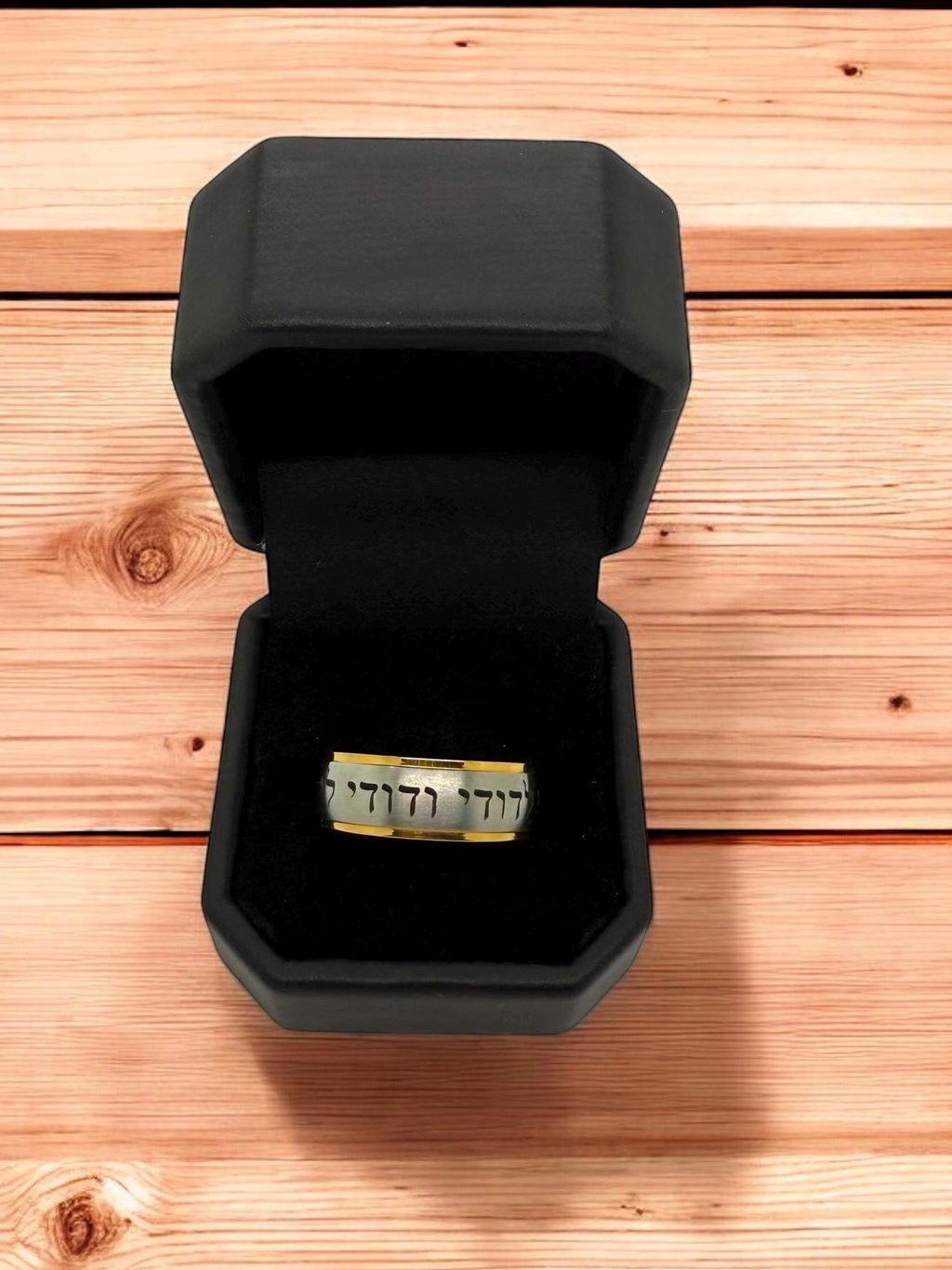 I am my beloved Hebrew weeding ring engraved in Hebrew Ani Ledodi Vedodi li 18k gold PVD  edge Stainless steel available 6 mm or 8 mm width