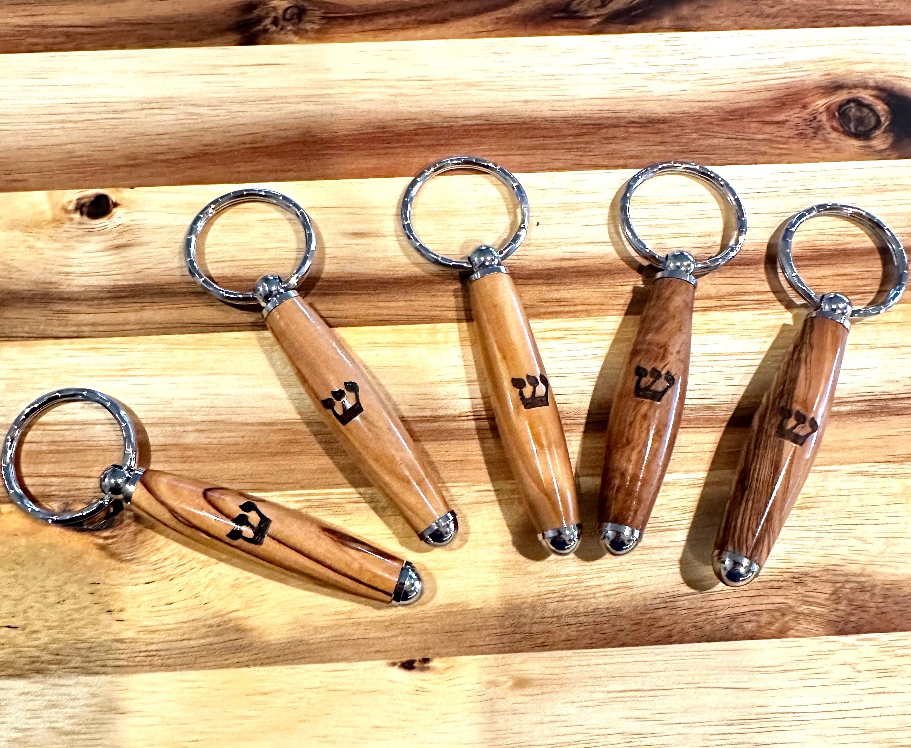 keychain mezuzah olive wood from Jerusalem Israel handmade wood turning include a non kosher scroll inside the tube