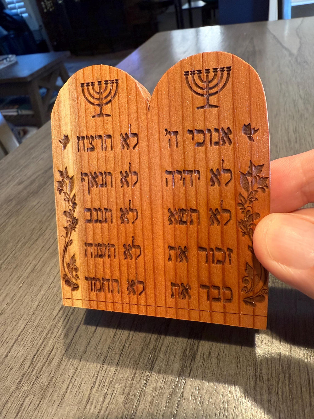 The Ten Commandments handmade engraved in English or Hebrew with the menorah on cedar wood table top desk or bookcase display.