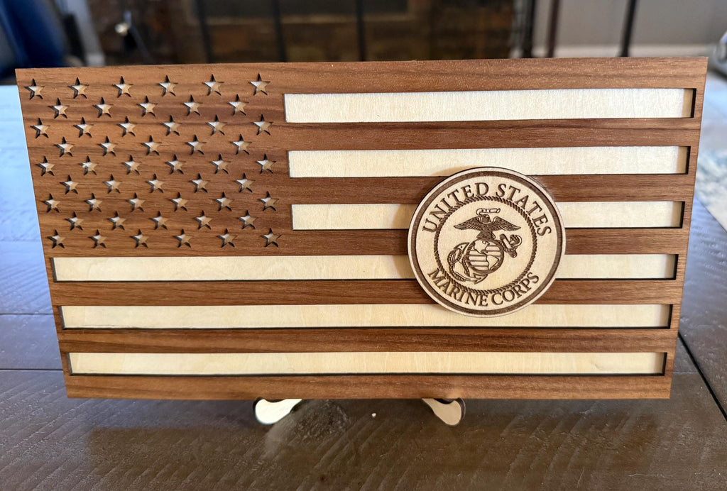 USA American flag handmade in Arizona from walnut and basswood with wooden stand 11” x 6” USA Marine Corps