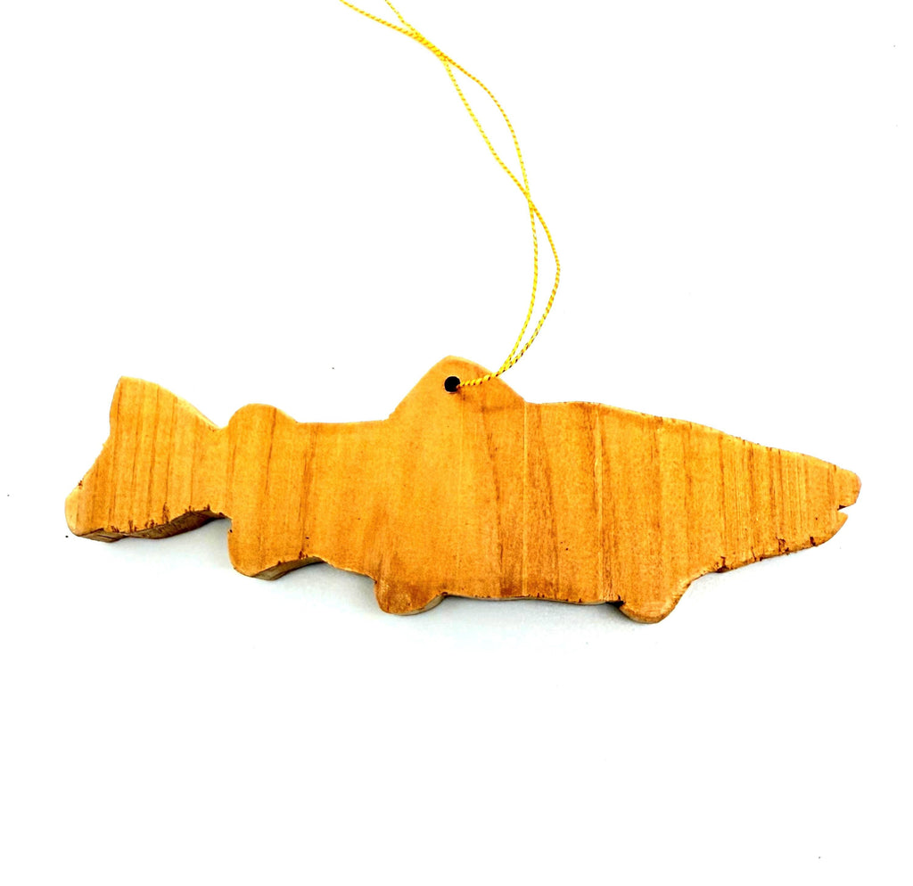 Wooden salmon fish Christmas ornament hand crafted from cedar wood fishing gift personalized with your name engraved on the back
