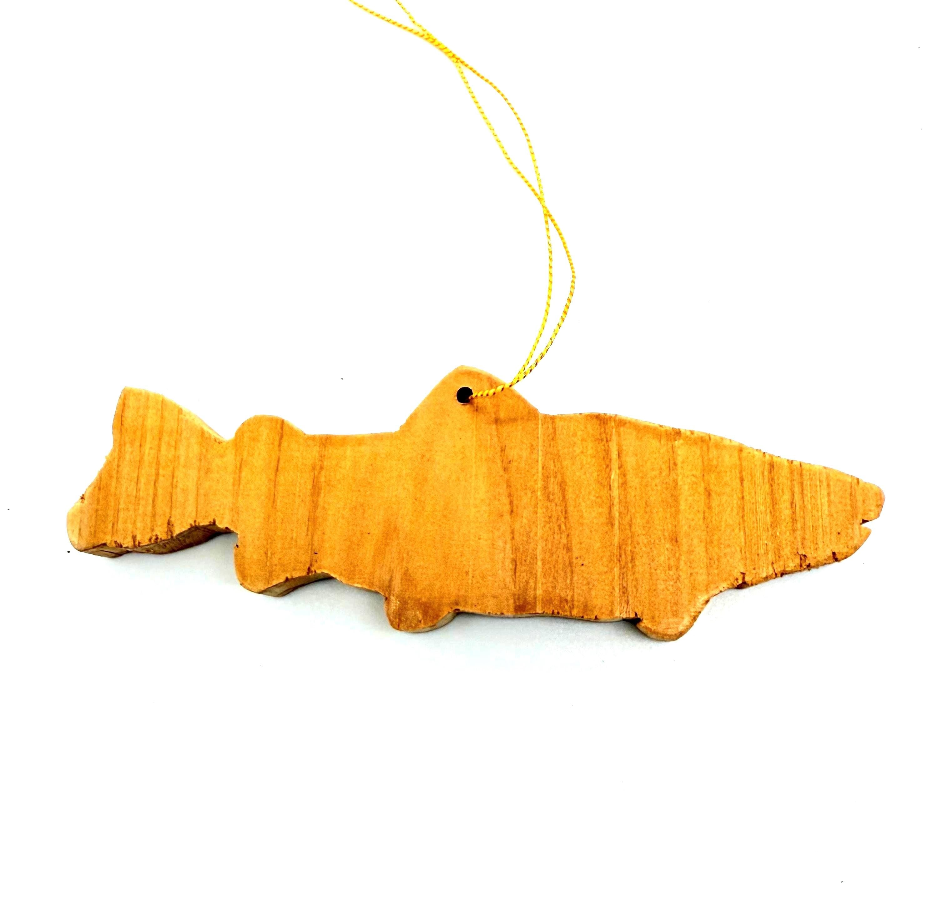 Wooden salmon fish Christmas ornament hand crafted from cedar wood fishing gift personalized with your name engraved on the back