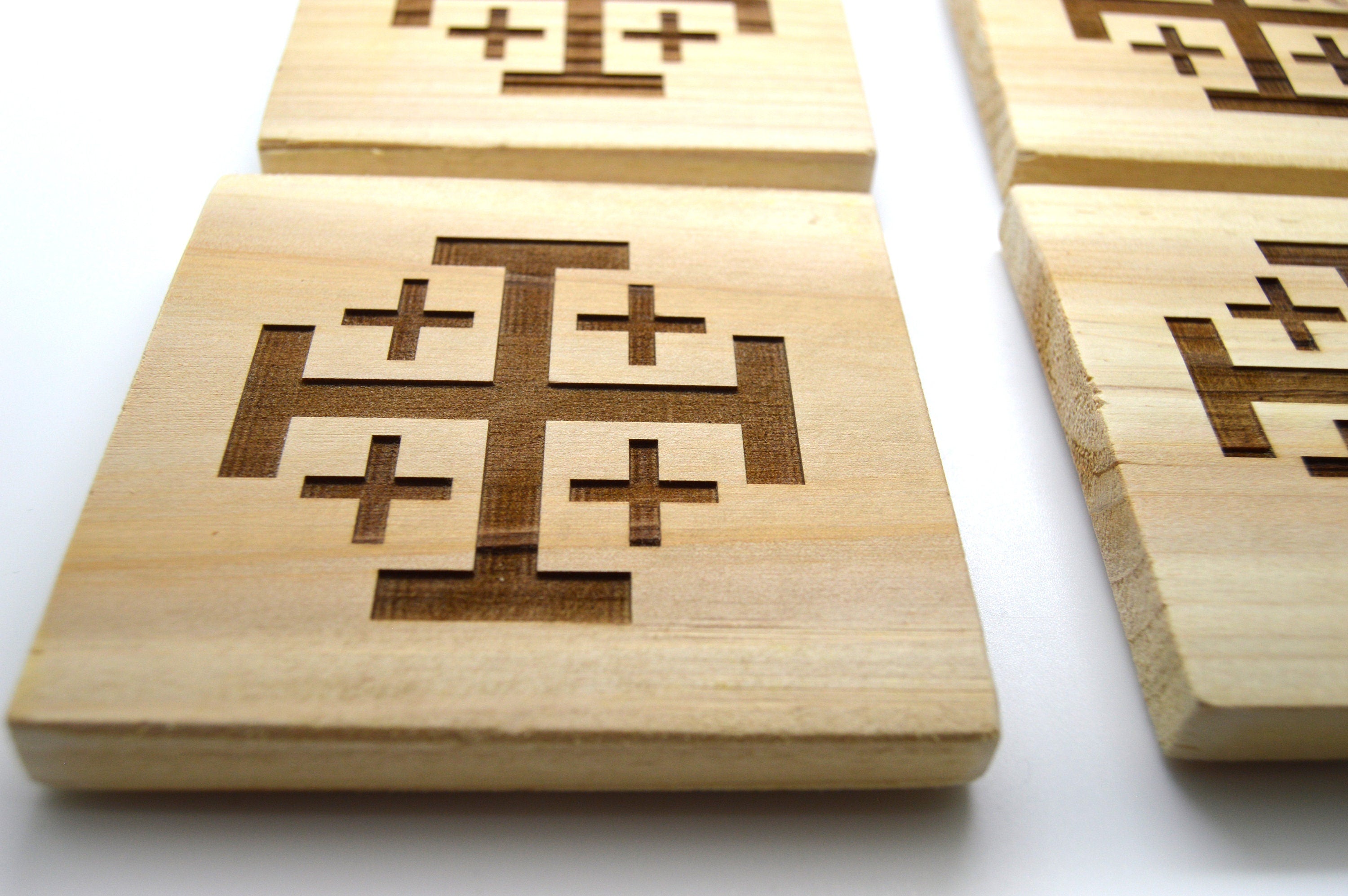 Jerusalem cross wooden coasters engraved on pine wood set of 4 coasters