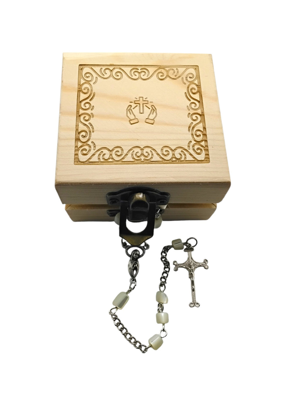 Catholic rosary mother of pearl necklace handmade with wooden rosary box personalized